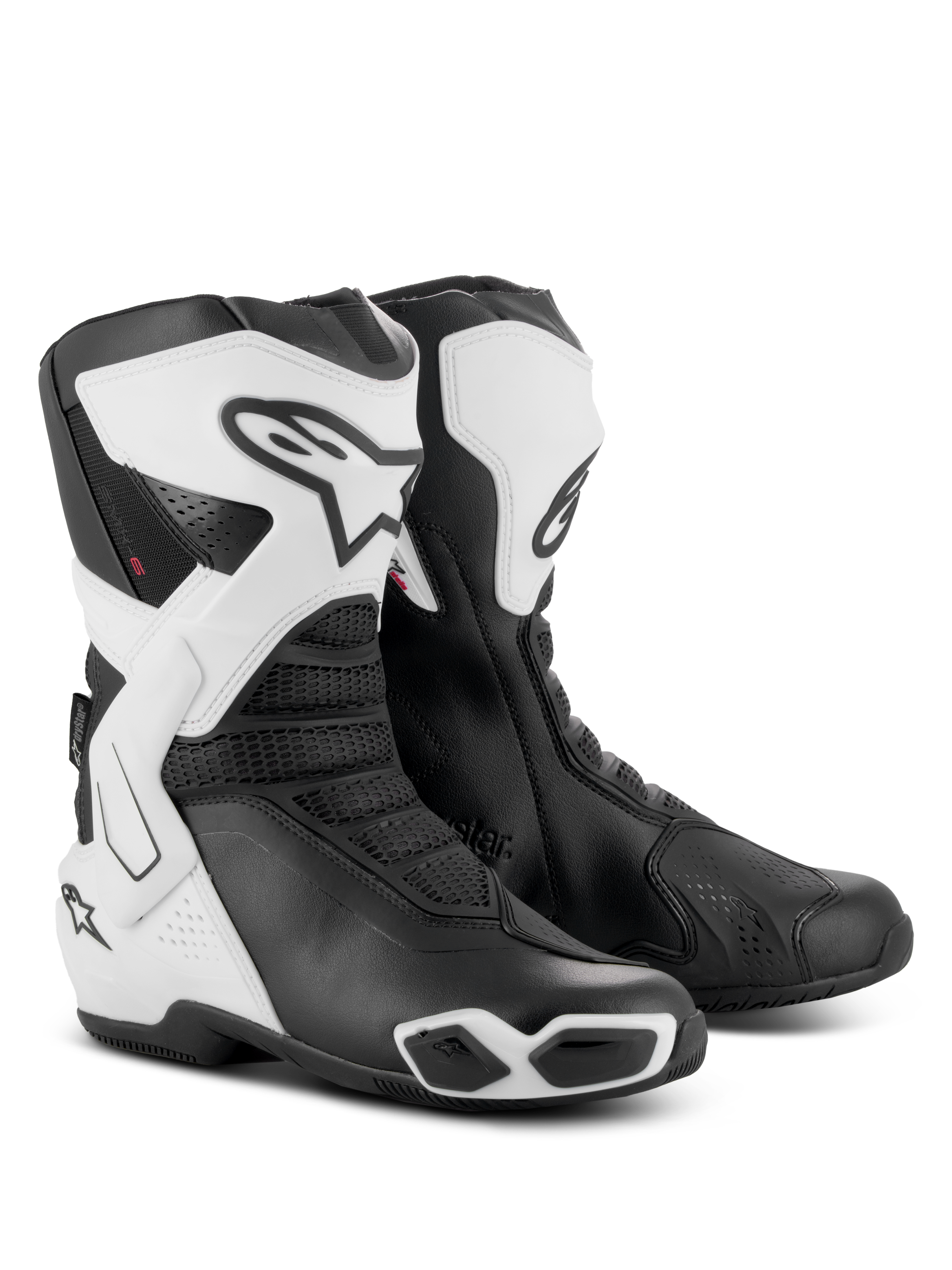 Alpinestars Stella SMX-6 V3 Drystar® Boots, Women's Performance Riding Boots, White and Black, featuring protective TPU shin plates, lateral ankle braces, and integrated sliders, sporty design with bold Alpinestars logo and mesh accents
