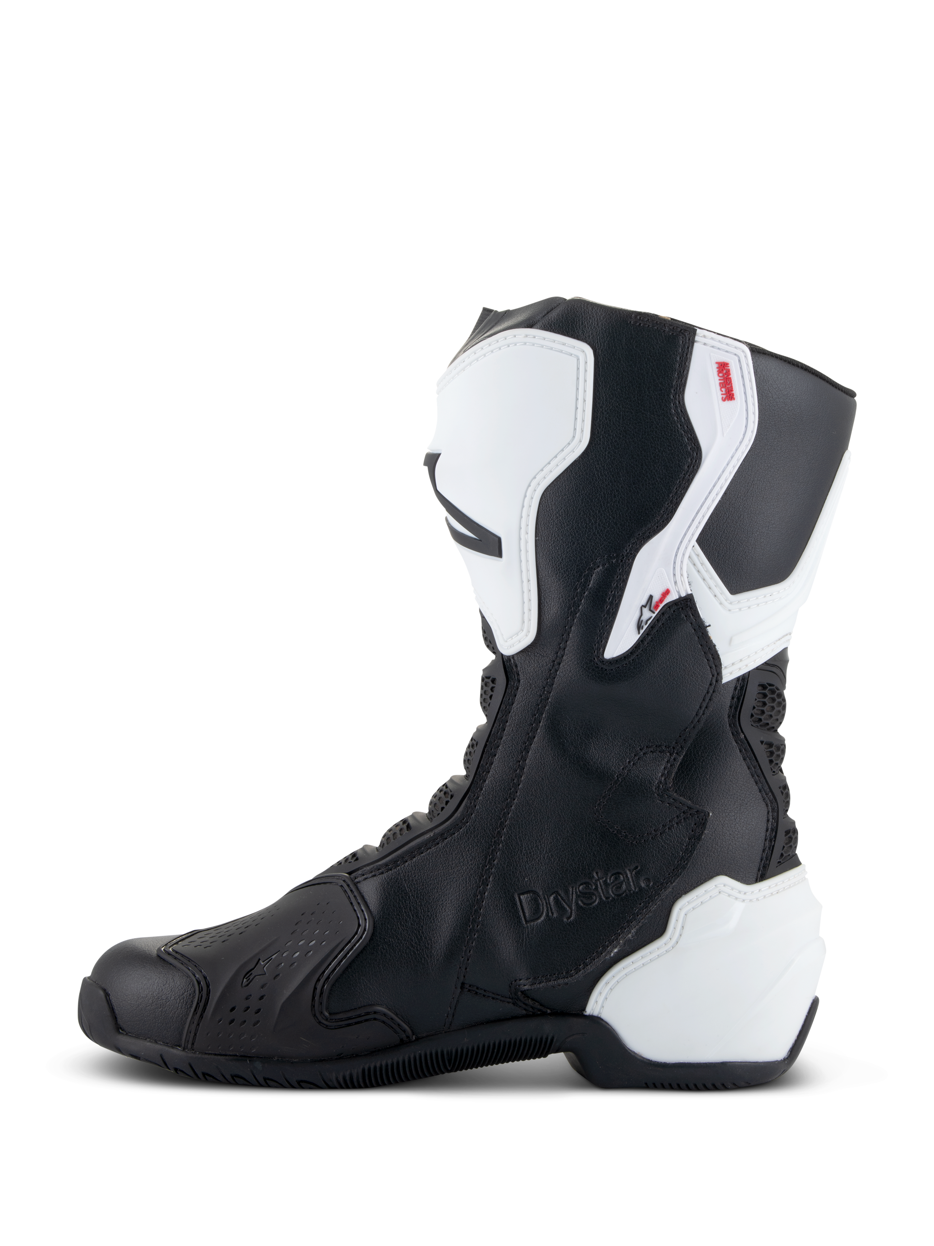 Alpinestars Stella SMX-6 V3 Drystar® Boots, Women's Performance Riding Boots, White and Black, medial side view featuring embossed Drystar branding, white TPU shin and heel protection, and sleek black microfiber upper for track and street performance.