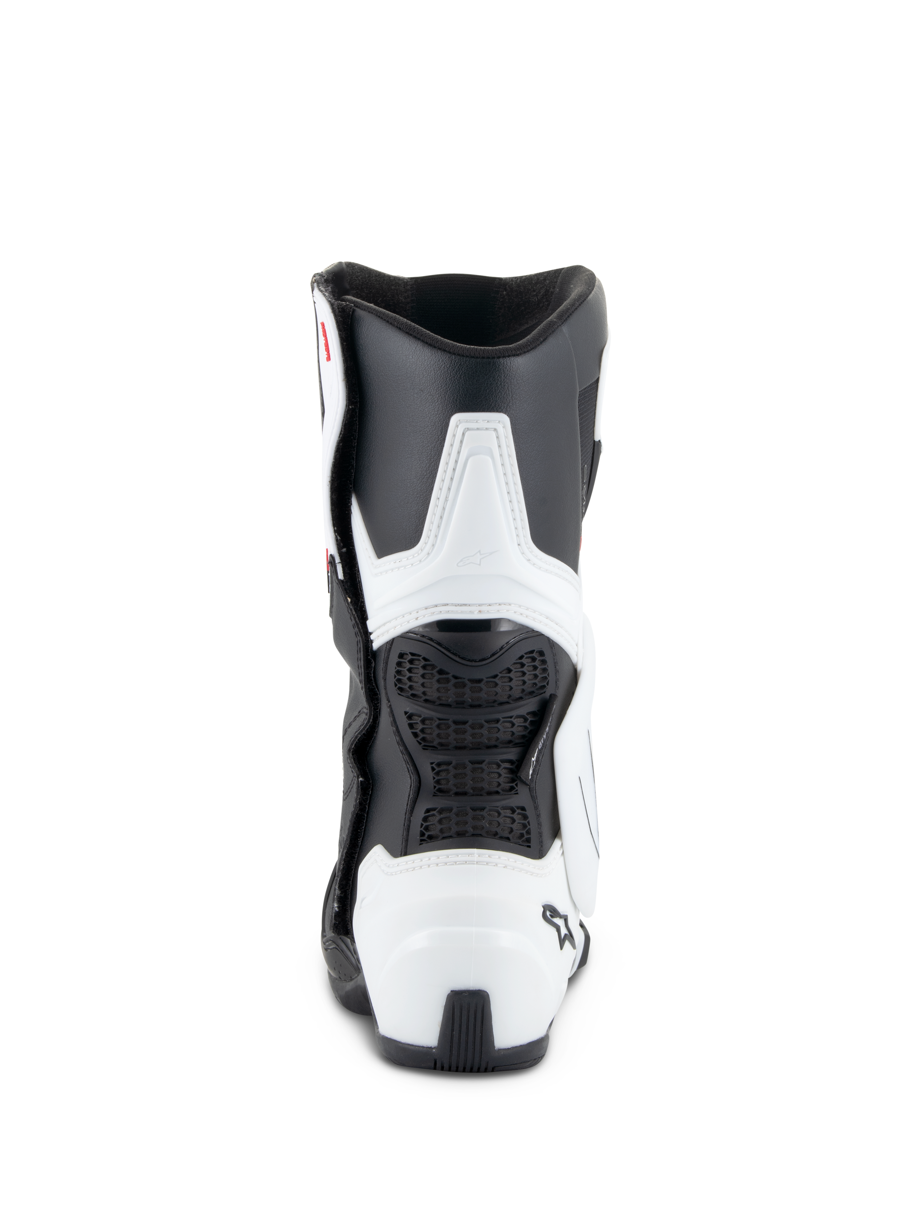 Alpinestars Stella SMX-6 V3 Drystar® Boots, Women's Motorcycle Boots, White and Black, rear view featuring TPU calf and heel protection, flexible black mesh panels, and ergonomic racing-derived design.