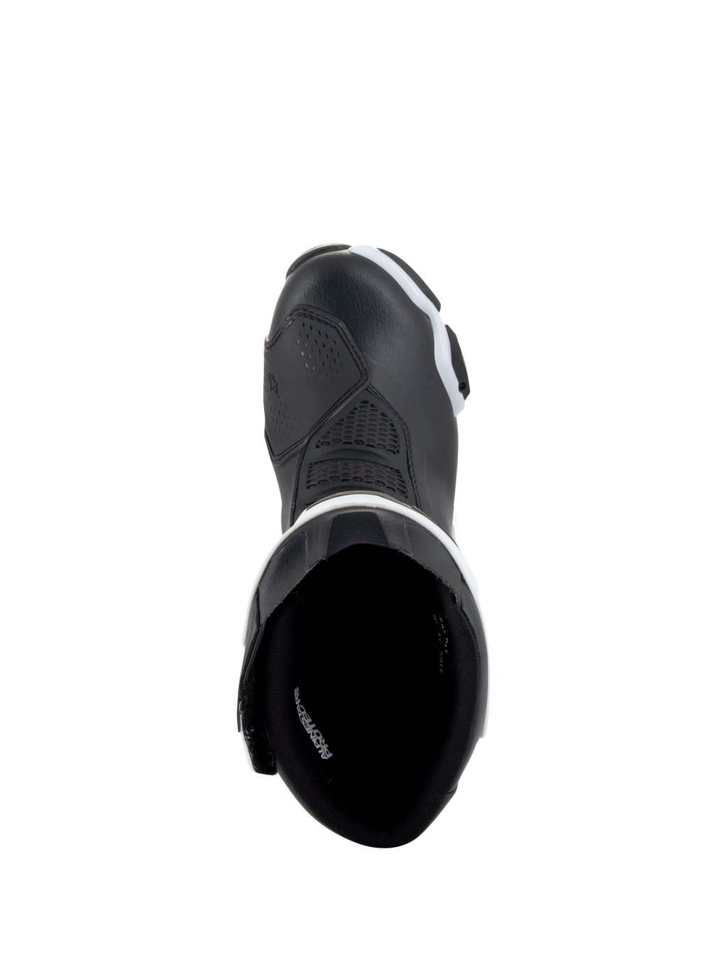 Alpinestars Stella SMX-6 V3 Drystar® Boots, Women's Motorcycle Boots, Black and White, top-down view showing interior lining and reinforced toe, waterproof microfiber construction for track and street riding