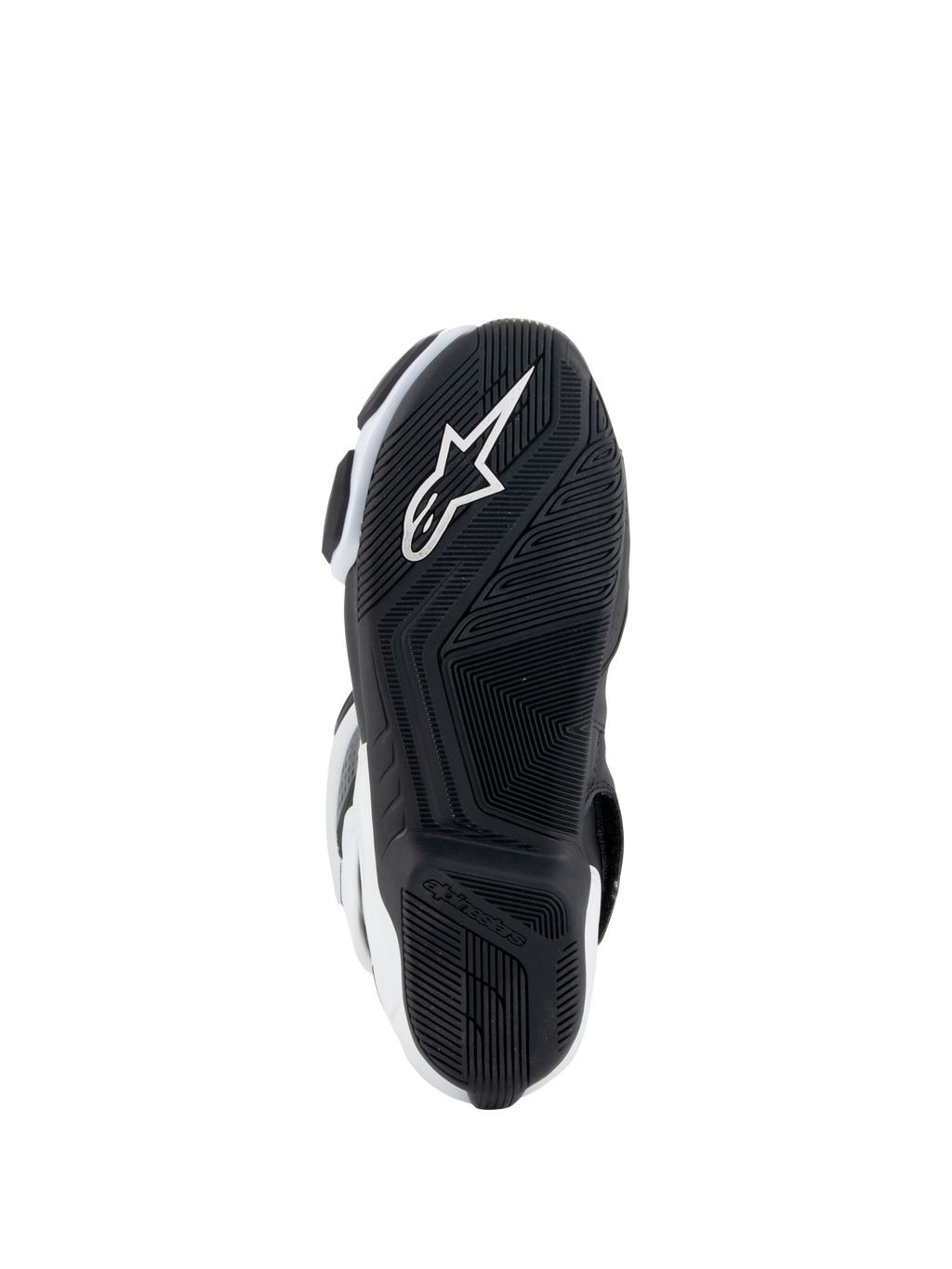 Alpinestars Stella SMX-6 V3 Drystar® Boots, Women's Motorcycle Boots, White and Black, sole view featuring a black rubber outsole with a textured grip pattern, integrated white Alpinestars star logo, and heel branding