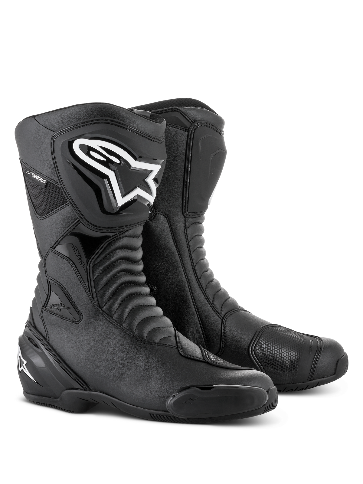 Bottes Alpinestars SMX S Waterproof en Noir, bottes de moto hautes dotées de zones de flexion en accordéon, logo Alpinestars blanc sur le protège-tibia en TPU, renforts de sélecteur et sliders d'orteils remplaçables, conçues pour le sport-touring et la conduite sur route par tous les temps.