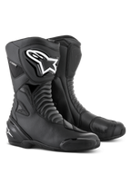 Bottes Alpinestars SMX S Waterproof en Noir, bottes de moto hautes dotées de zones de flexion en accordéon, logo Alpinestars blanc sur le protège-tibia en TPU, renforts de sélecteur et sliders d'orteils remplaçables, conçues pour le sport-touring et la conduite sur route par tous les temps.