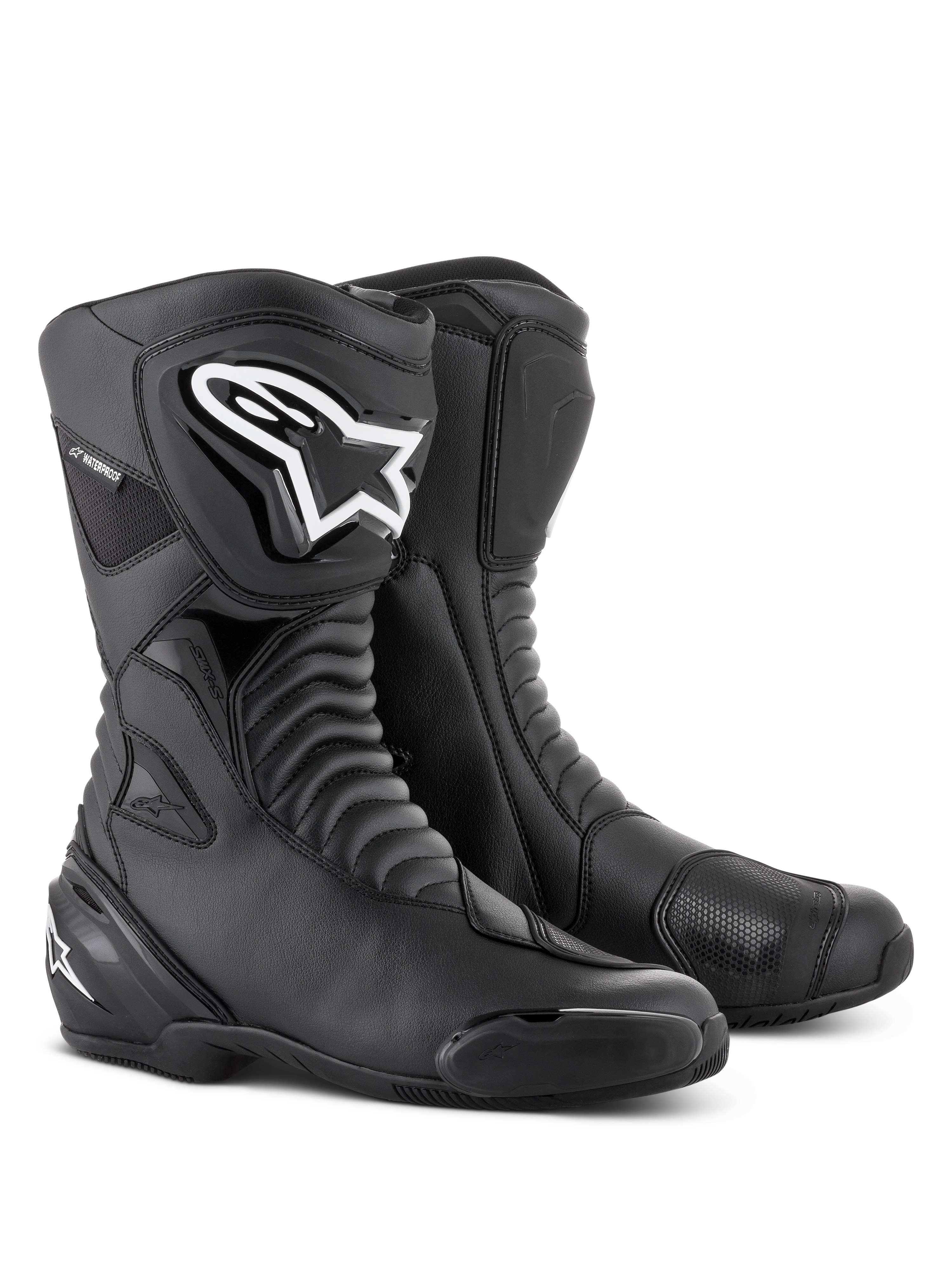 Bottes Alpinestars SMX S Waterproof en Noir, bottes de moto hautes dotées de zones de flexion en accordéon, logo Alpinestars blanc sur le protège-tibia en TPU, renforts de sélecteur et sliders d'orteils remplaçables, conçues pour le sport-touring et la conduite sur route par tous les temps.