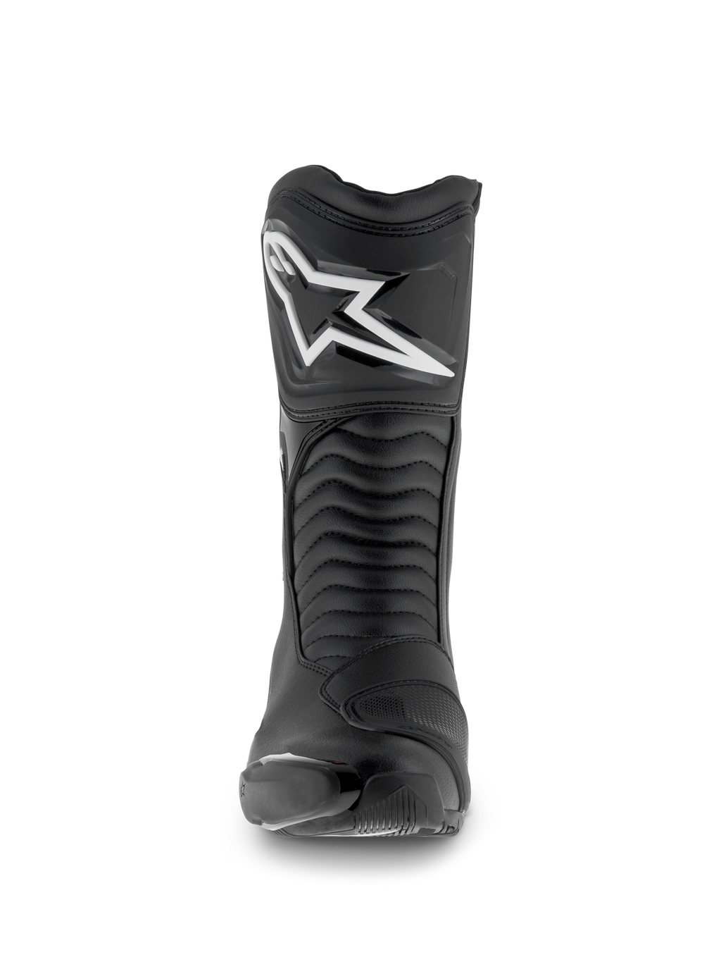 Bottes Alpinestars SMX S Waterproof, bottes de moto, noires, vue de face montrant le logo Astar blanc sur le protège-tibia, des panneaux flexibles en accordéon et une construction en microfibre durable pour le sport-touring.