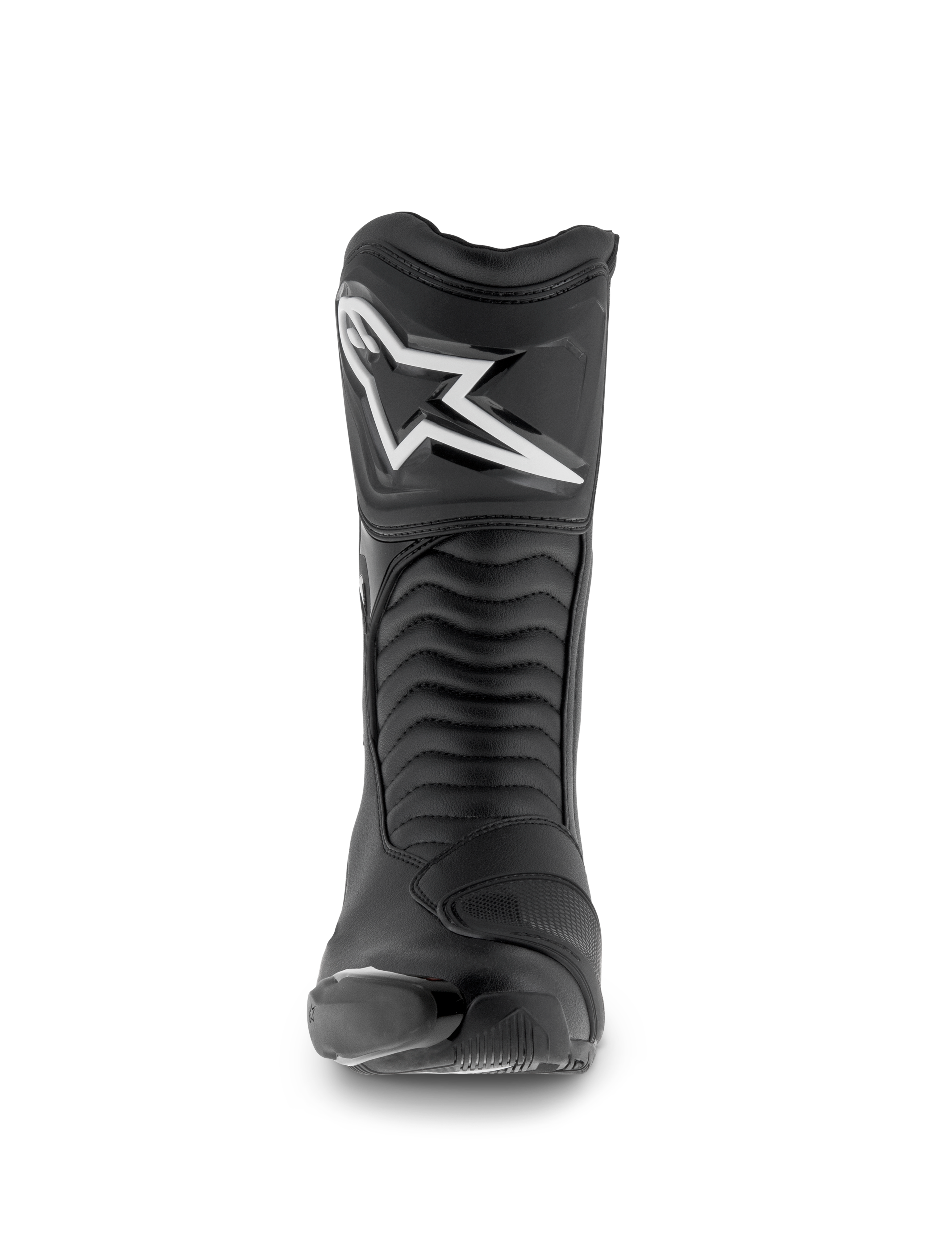 Bottes Alpinestars SMX S Waterproof, bottes de moto, noires, vue de face montrant le logo Astar blanc sur le protège-tibia, des panneaux flexibles en accordéon et une construction en microfibre durable pour le sport-touring.
