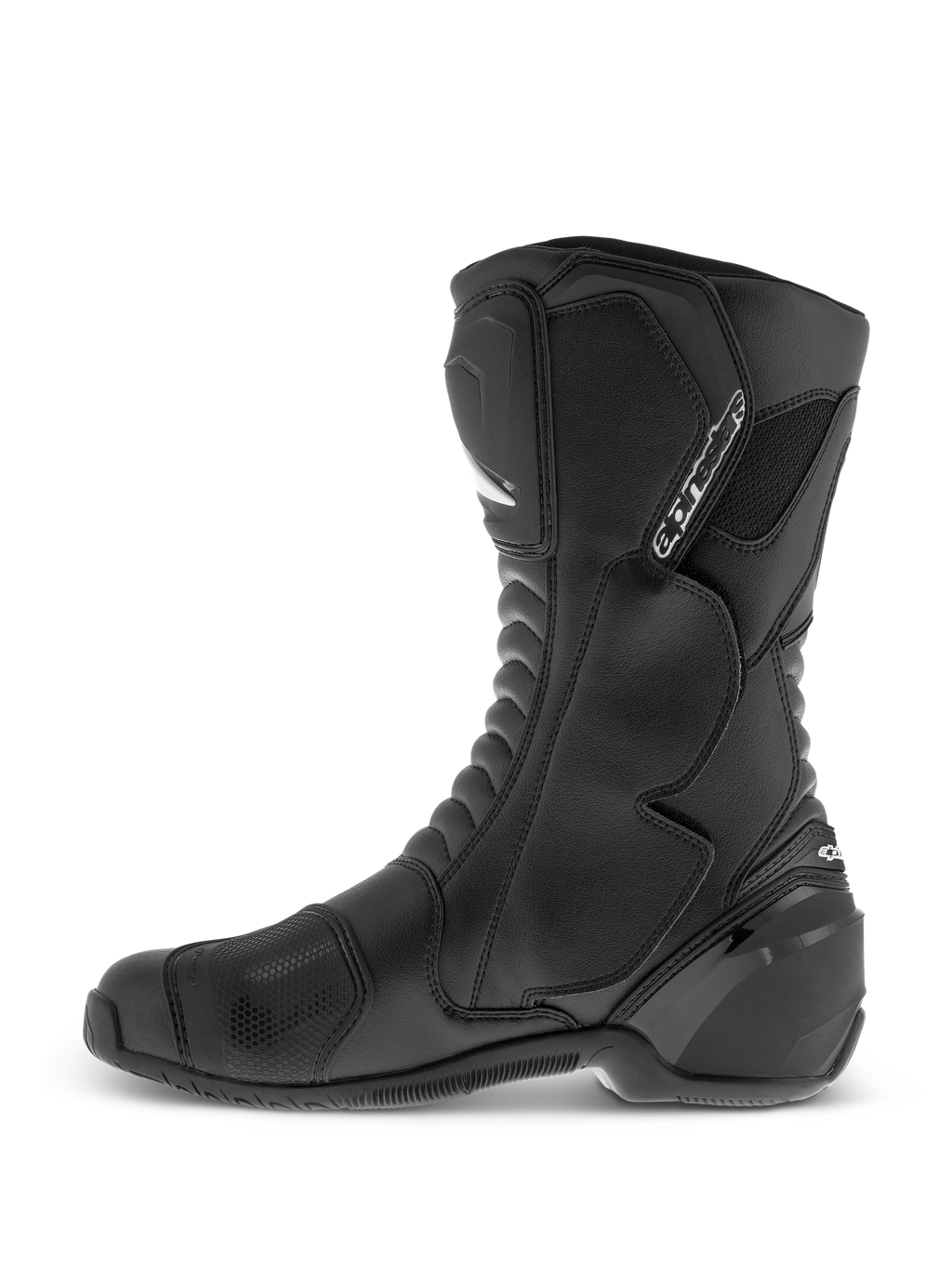Bottes Alpinestars SMX S Waterproof, noir, bottes de moto montantes avec tige en microfibre durable, protections du tibia et de la cheville en TPU et zone de sélecteur texturée, vue de profil.