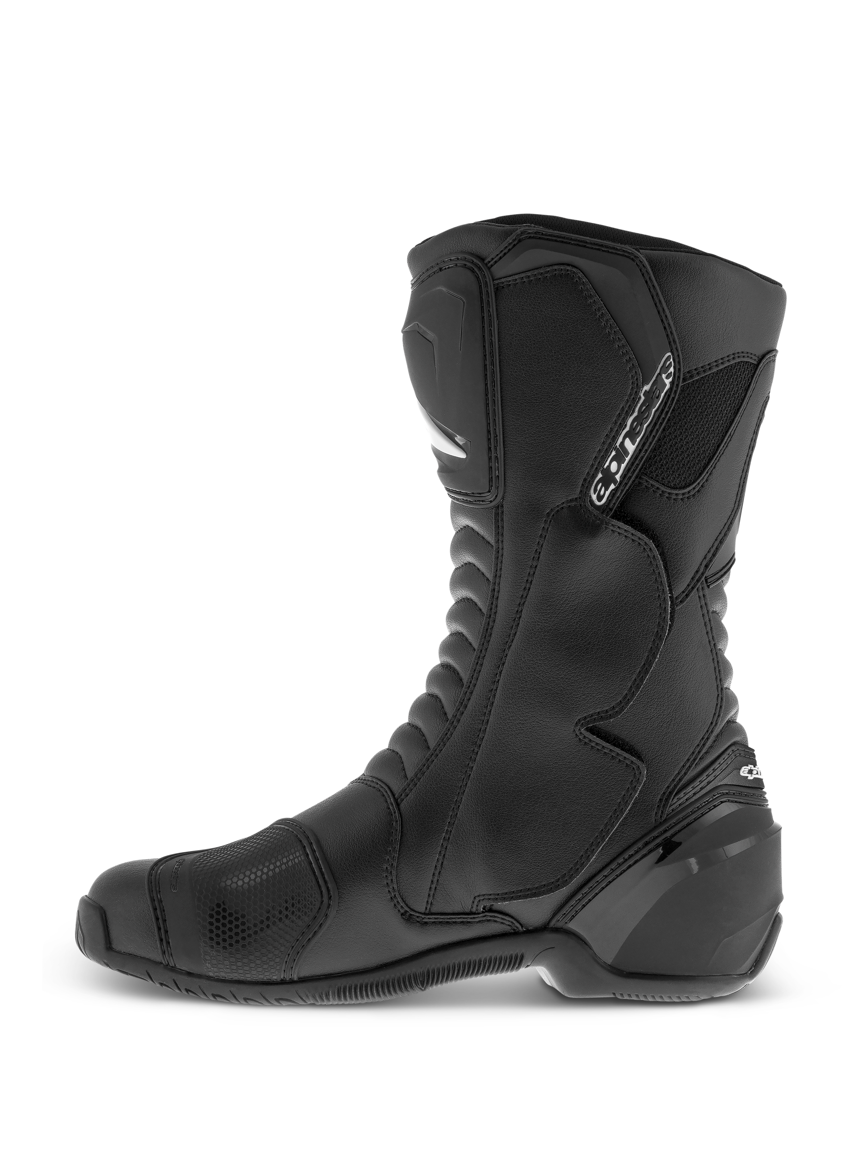 Bottes Alpinestars SMX S Waterproof, noir, bottes de moto montantes avec tige en microfibre durable, protections du tibia et de la cheville en TPU et zone de sélecteur texturée, vue de profil.