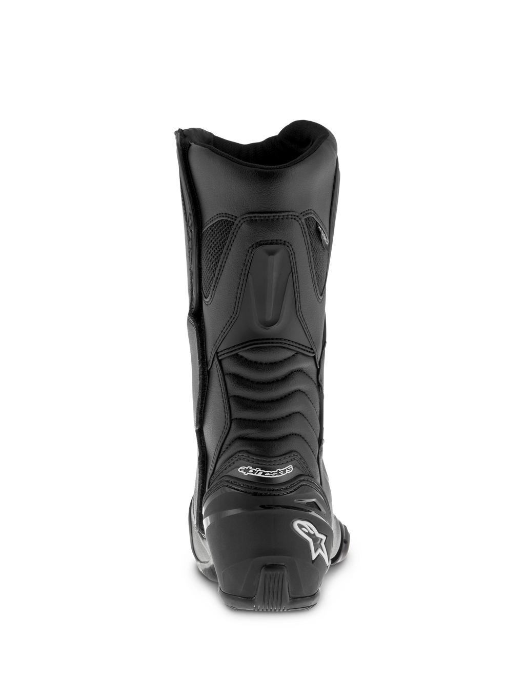Alpinestars SMX S Waterproof Boots, bottes de moto noires, profil arrière avec contrefort de talon renforcé et logo blanc, panneaux flexibles en accordéon pour la mobilité de la cheville, construction en microfibre durable pour le sport-touring.