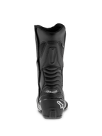 Alpinestars SMX S Waterproof Boots, bottes de moto noires, profil arrière avec contrefort de talon renforcé et logo blanc, panneaux flexibles en accordéon pour la mobilité de la cheville, construction en microfibre durable pour le sport-touring.