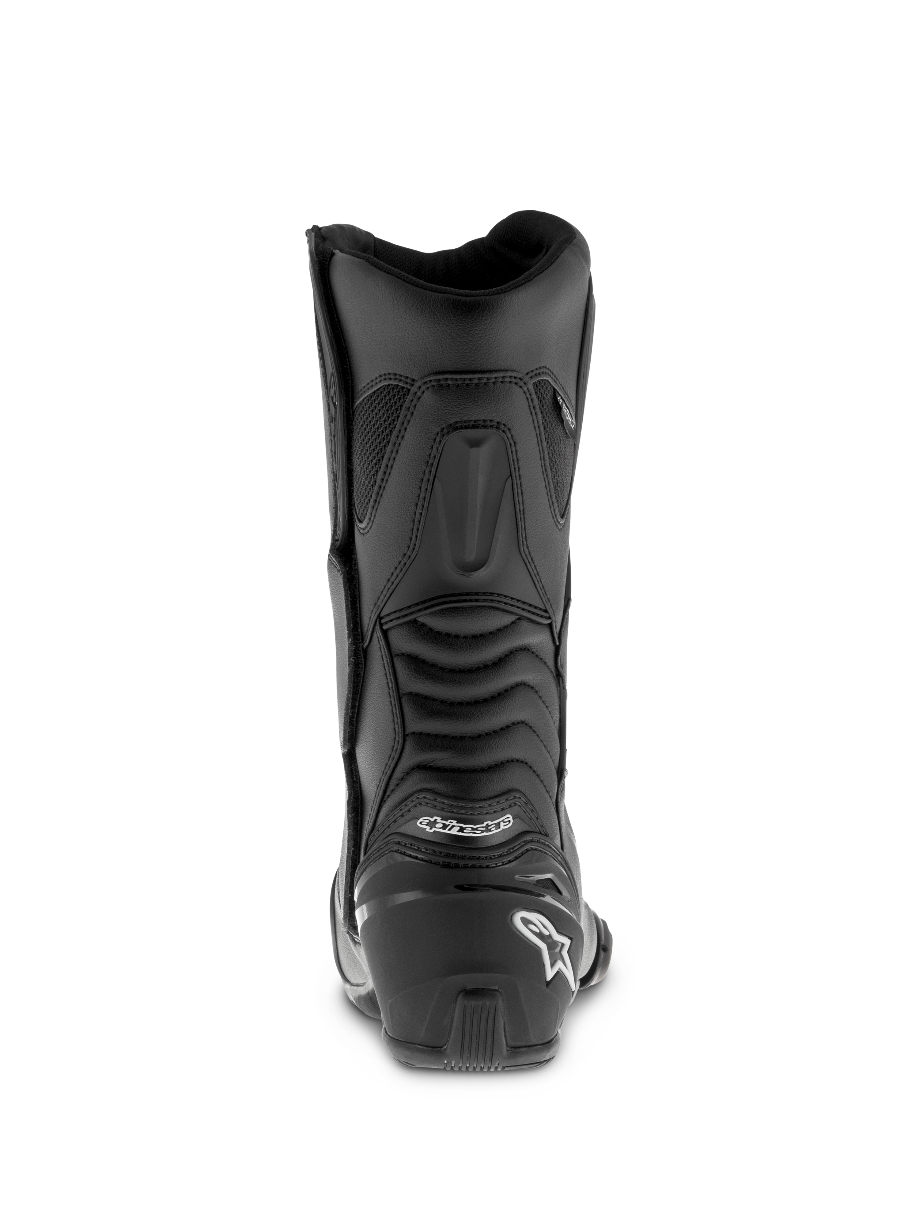 Alpinestars SMX S Waterproof Boots, bottes de moto noires, profil arrière avec contrefort de talon renforcé et logo blanc, panneaux flexibles en accordéon pour la mobilité de la cheville, construction en microfibre durable pour le sport-touring.