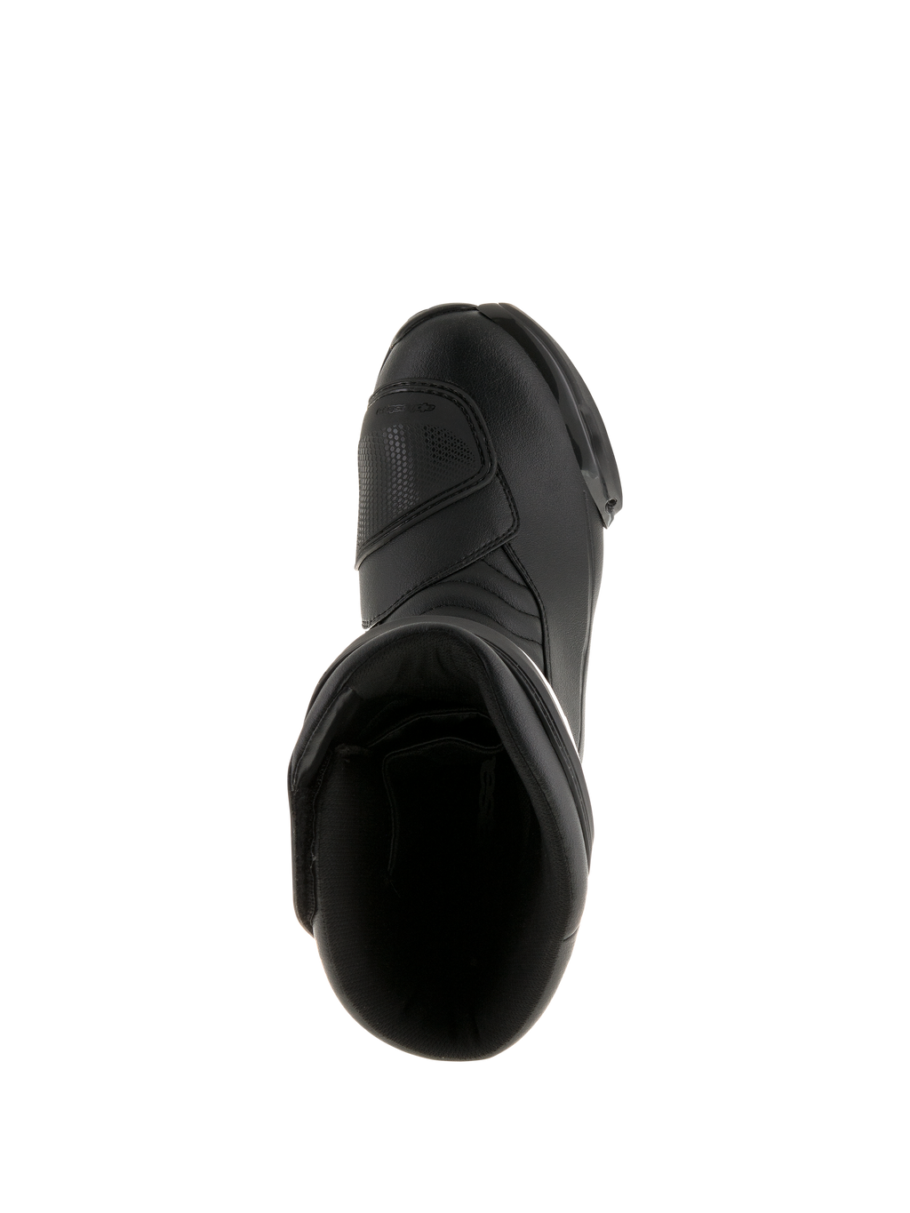 Bottes Alpinestars SMX S Waterproof, noir, vue de dessus montrant l'ouverture intérieure et la tige en microfibre durable, chaussures de moto sport-touring