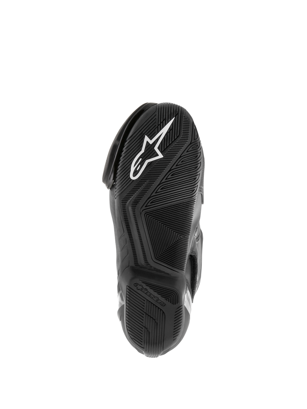 Bottes Alpinestars SMX S Waterproof, bottes de moto, noir, vue de la semelle en caoutchouc texturé avec logo Astar blanc et motif de dispersion de l'eau