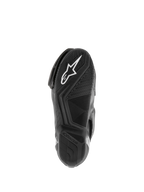 Bottes Alpinestars SMX S Waterproof, bottes de moto, noir, vue de la semelle en caoutchouc texturé avec logo Astar blanc et motif de dispersion de l'eau