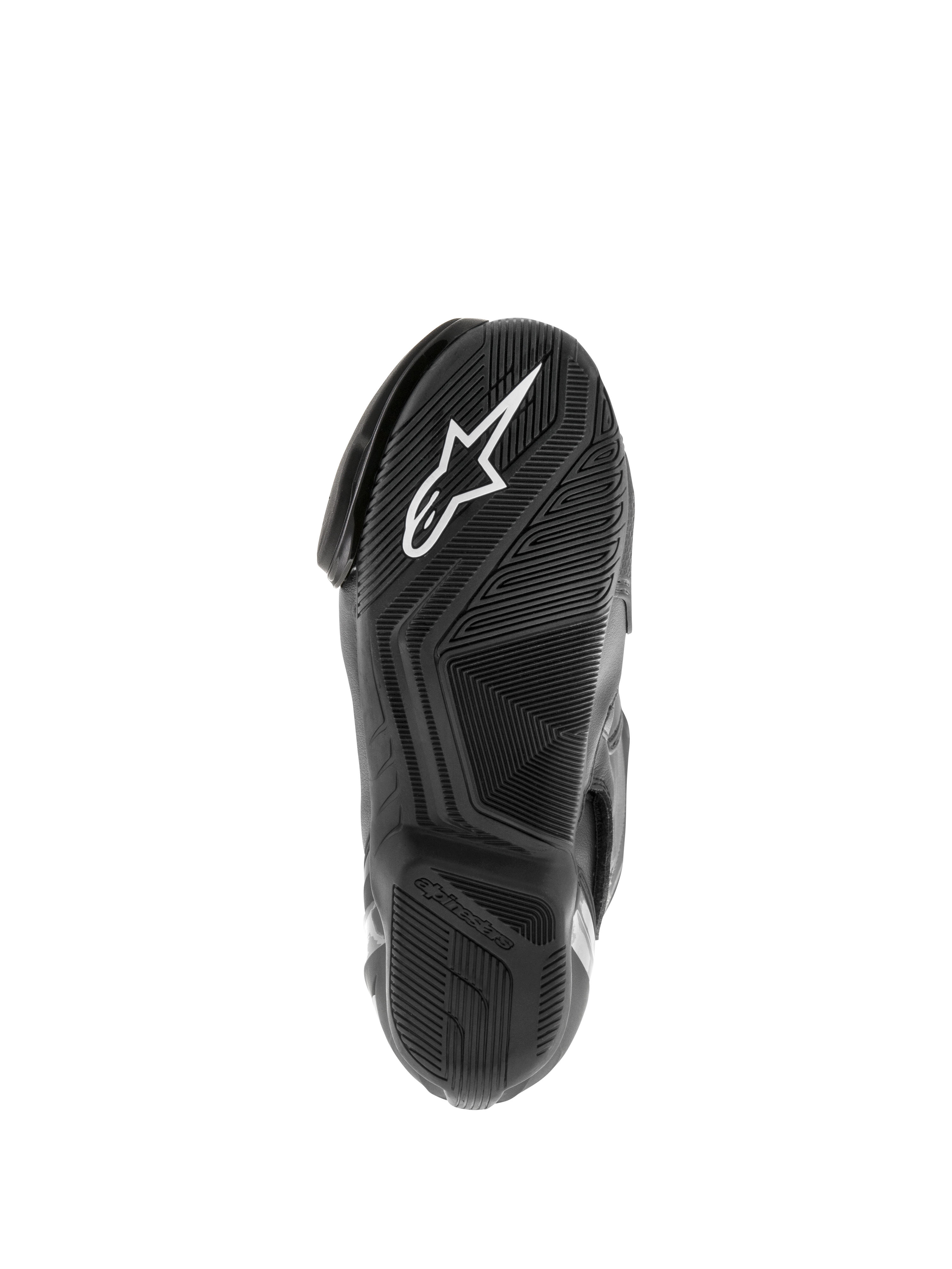 Bottes Alpinestars SMX S Waterproof, bottes de moto, noir, vue de la semelle en caoutchouc texturé avec logo Astar blanc et motif de dispersion de l'eau