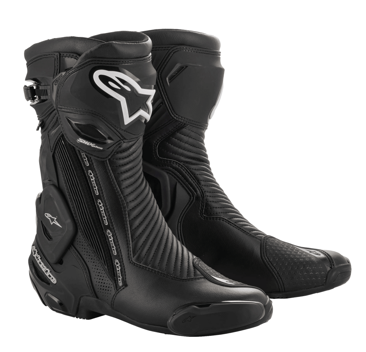 Alpinestars SMX Plus V2 GORE-TEX Boot, bottes de course moto noires avec logos argentés et blancs, conception imperméable et respirante, dotées d'une protection de cheville renforcée, de panneaux accordéon flexibles et de plaques de protection en TPU pour la course et la conduite sportive