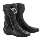 Alpinestars SMX Plus V2 GORE-TEX Boot, bottes de course moto noires avec logos argentés et blancs, conception imperméable et respirante, dotées d'une protection de cheville renforcée, de panneaux accordéon flexibles et de plaques de protection en TPU pour la course et la conduite sportive
