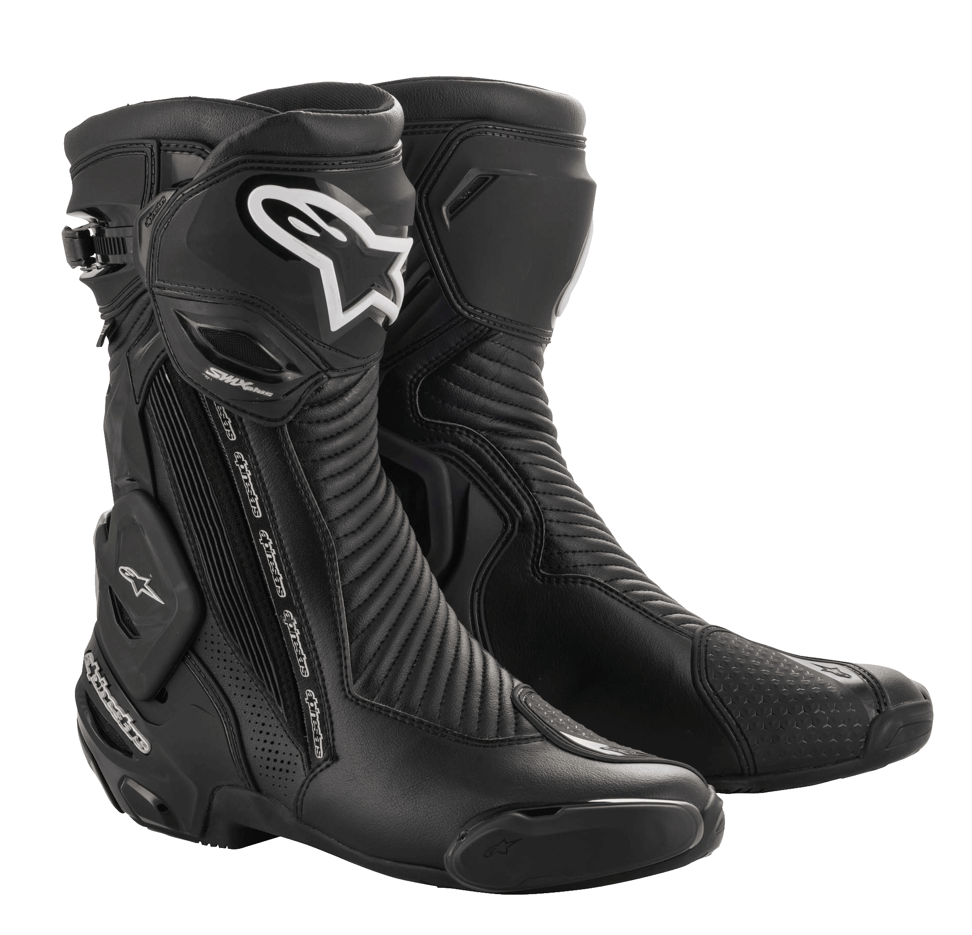 Alpinestars SMX Plus V2 GORE-TEX Boot, bottes de course moto noires avec logos argentés et blancs, conception imperméable et respirante, dotées d'une protection de cheville renforcée, de panneaux accordéon flexibles et de plaques de protection en TPU pour la course et la conduite sportive