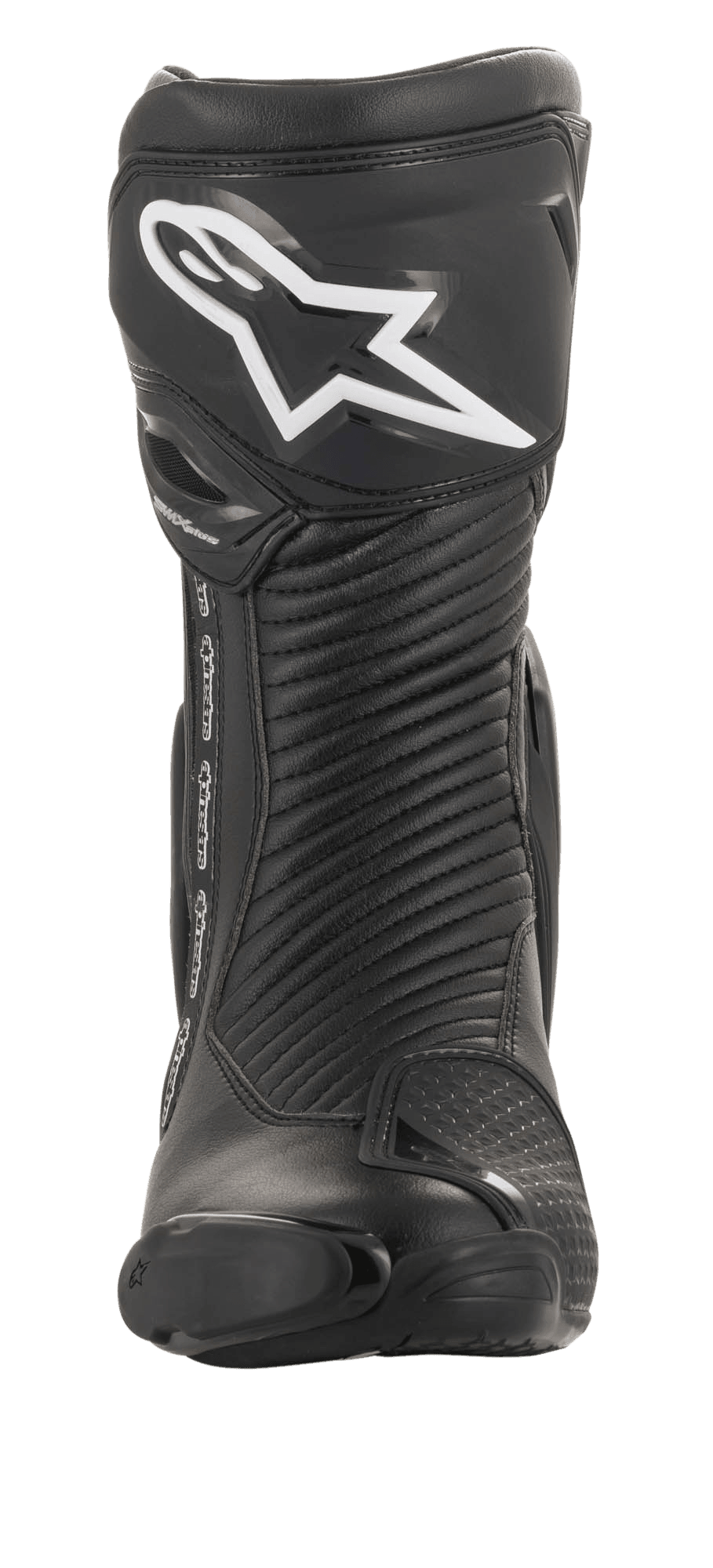 Botte Alpinestars SMX Plus V2 GORE-TEX, botte de course moto, noir et argent, vue de face pr	sentant un logo Alpinestars blanc sur la plaque tibiale, des panneaux flexibles en accord	on et un curseur d'orteil protecteur.