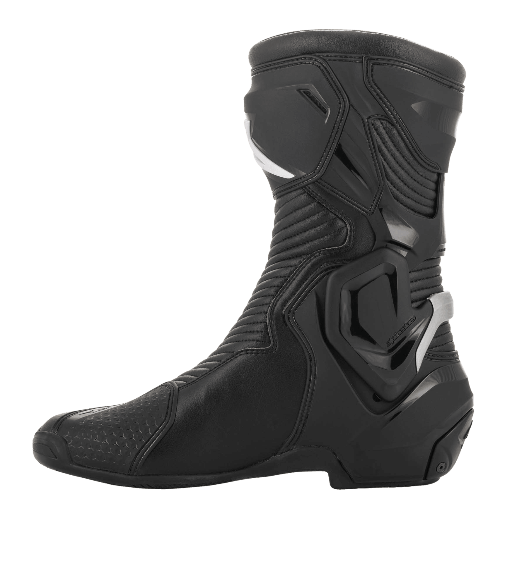 Botte Alpinestars SMX Plus V2 GORE-TEX, botte de moto de performance, noir et argent, vue de profil avec construction en microfibre avancée, système de cheville Multi-Link Control et panneaux en accordéon flexibles pour pilotes sport et touring.