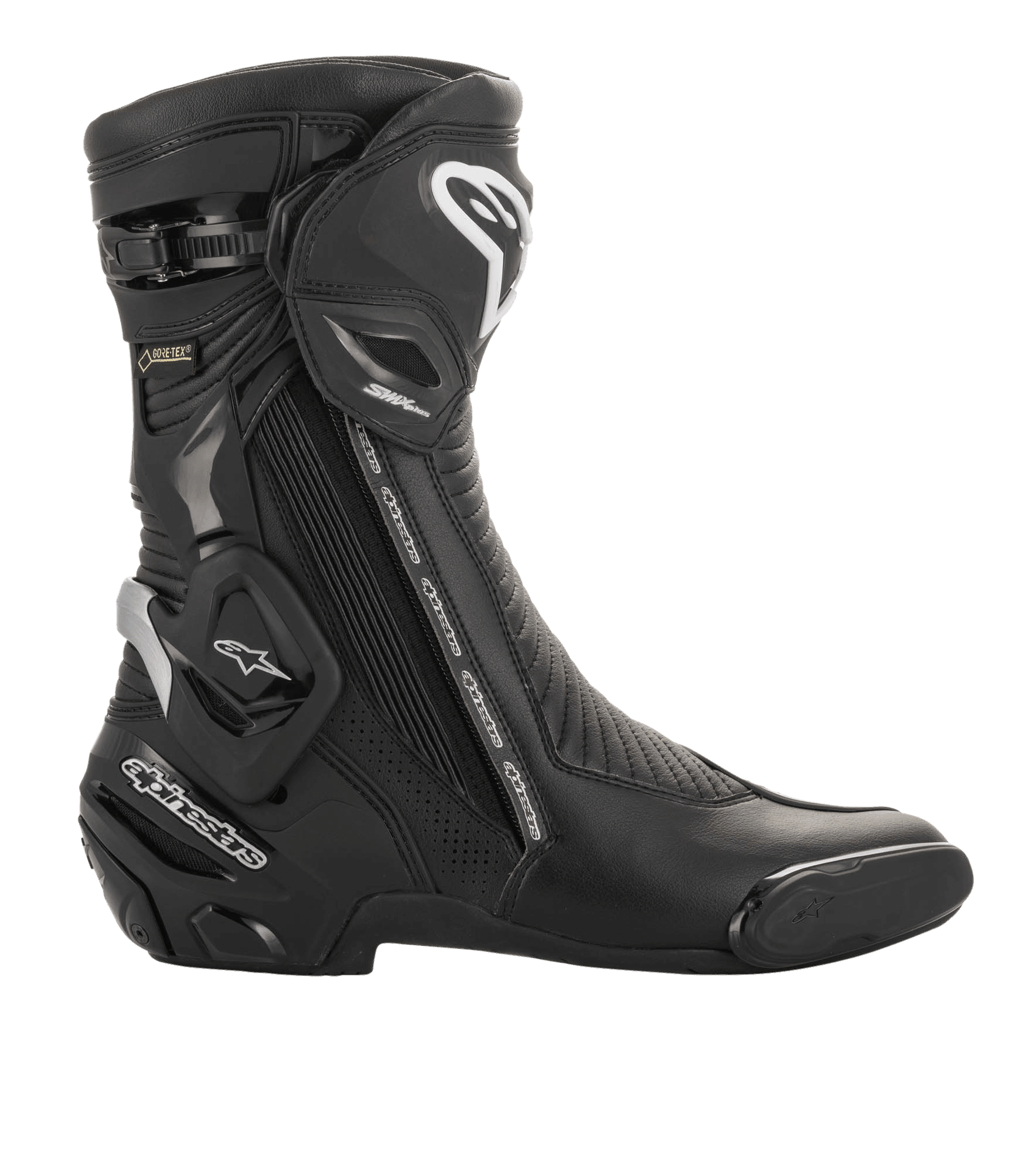 Botte Alpinestars SMX Plus V2 GORE-TEX, chaussure de sport moto, noir et argent, vue latérale avec logo Alpinestars blanc, plaque de protection du tibia et marquage GORE-TEX, conçue pour la course de haute performance et la conduite sur route