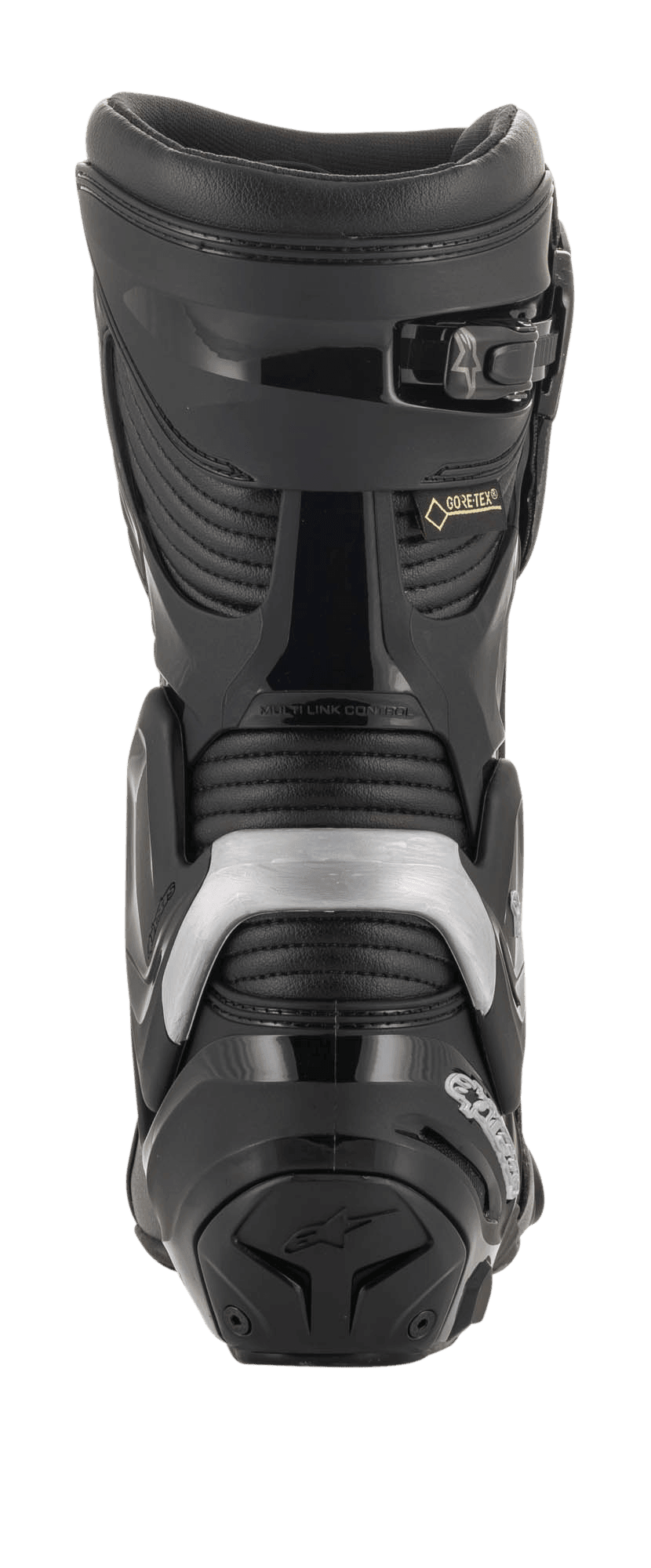 Botte Alpinestars SMX Plus V2 GORE-TEX, vue arrière, noir et argent, avec système Multi-Link Control, protection de talon en TPU et panneaux extensibles en accordéon pour la course moto et le touring