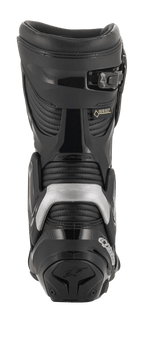 Botte Alpinestars SMX Plus V2 GORE-TEX, vue arrière, noir et argent, avec système Multi-Link Control, protection de talon en TPU et panneaux extensibles en accordéon pour la course moto et le touring
