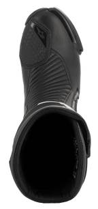 Botte Alpinestars SMX Plus V2 GORE-TEX, botte de course moto, noir, vue de dessus montrant l'ouverture d'entrée, la doublure intérieure et les panneaux flexibles en microfibre en accordéon sur le cou-de-pied.