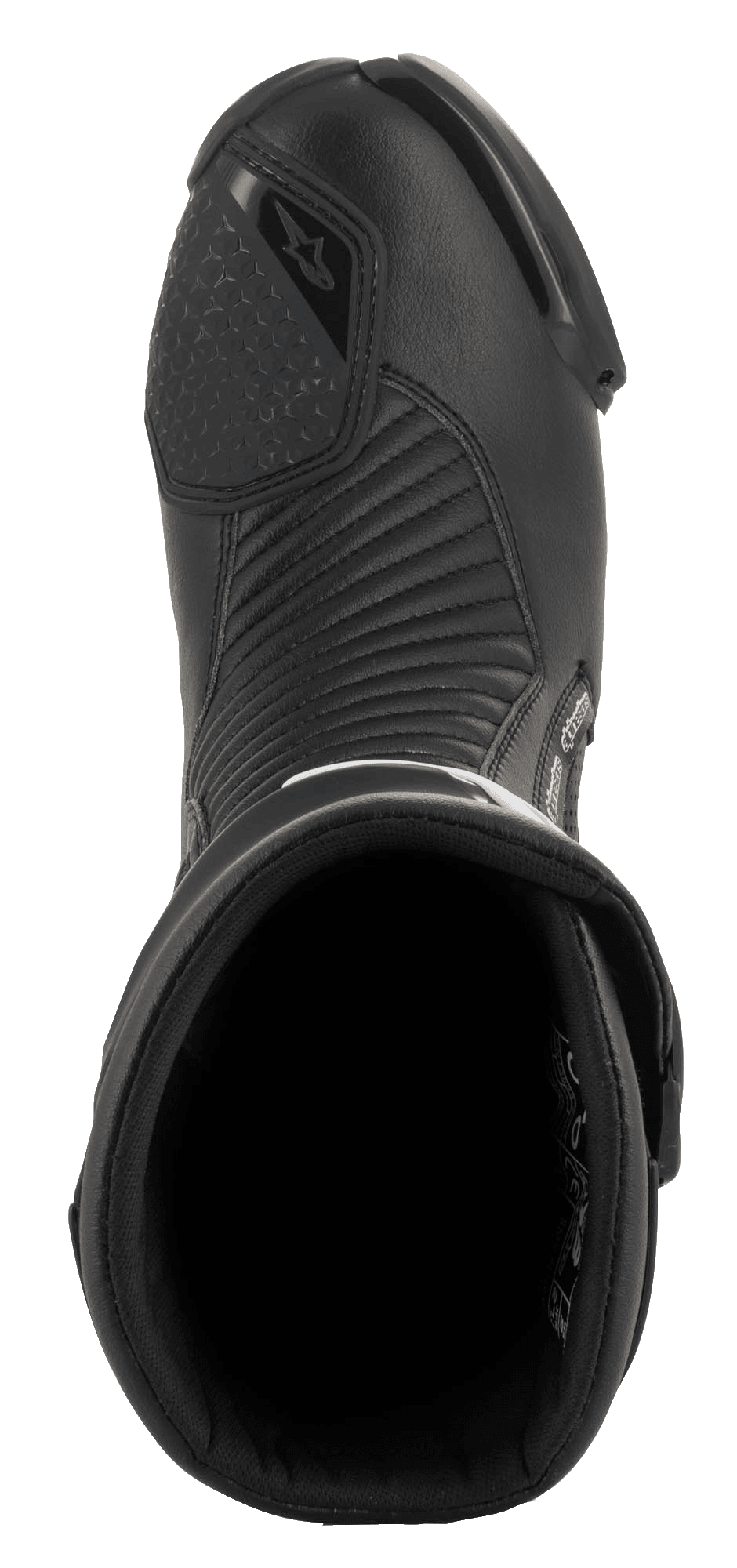 Botte Alpinestars SMX Plus V2 GORE-TEX, botte de course moto, noir, vue de dessus montrant l'ouverture d'entrée, la doublure intérieure et les panneaux flexibles en microfibre en accordéon sur le cou-de-pied.