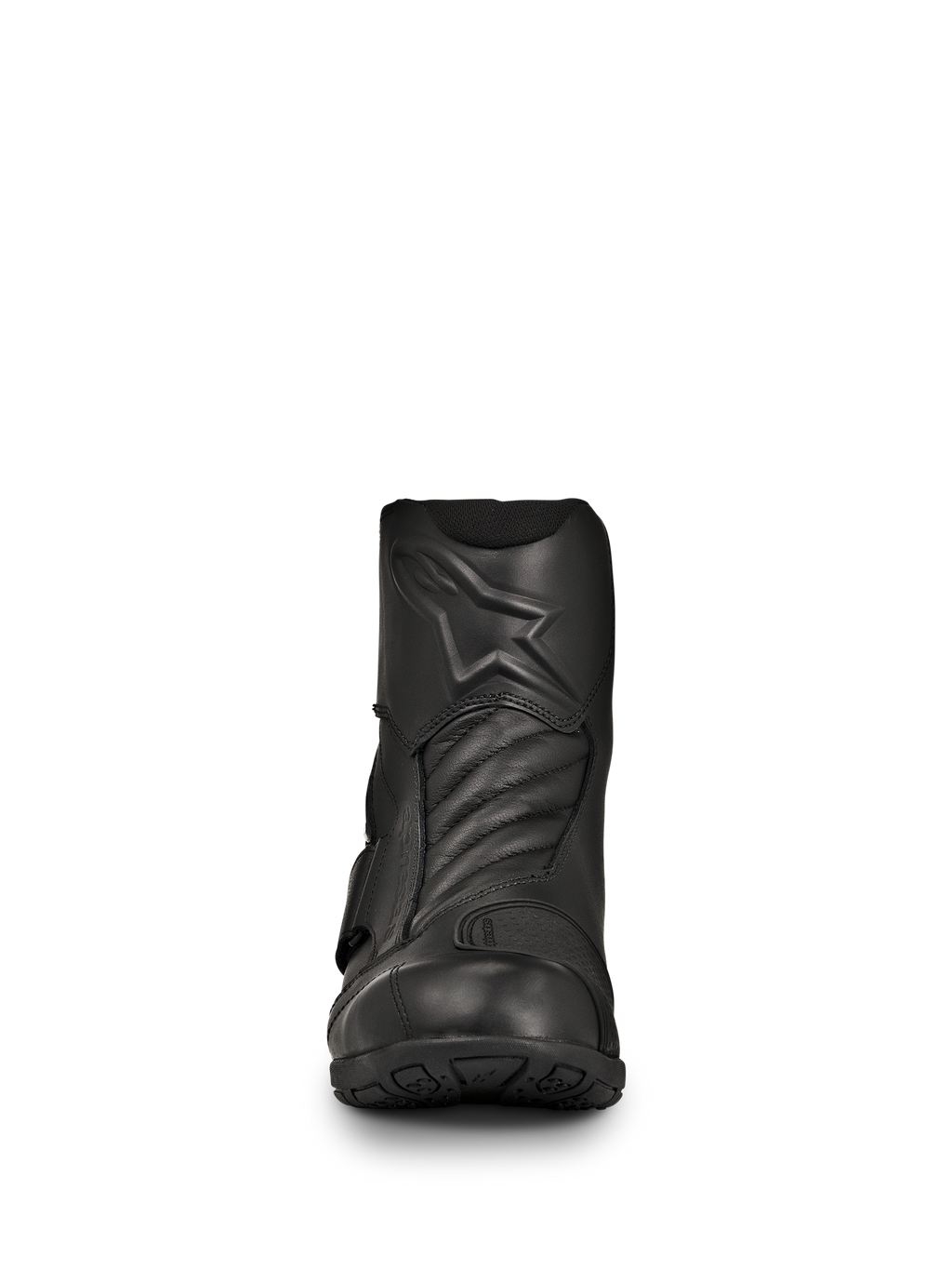 Bottes Alpinestars New Land GORE-TEX, bottes de moto route-touring noires, vue de face, construction en cuir pleine fleur avec logo étoile embossé, zones de flexion accordéon à l'avant, conception imperméable mi-longue pour les trajets longue distance