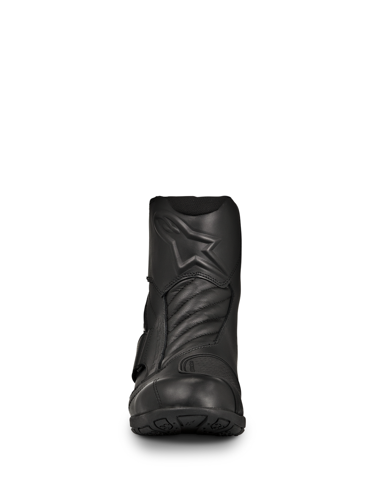 Bottes Alpinestars New Land GORE-TEX, bottes de moto route-touring noires, vue de face, construction en cuir pleine fleur avec logo étoile embossé, zones de flexion accordéon à l'avant, conception imperméable mi-longue pour les trajets longue distance