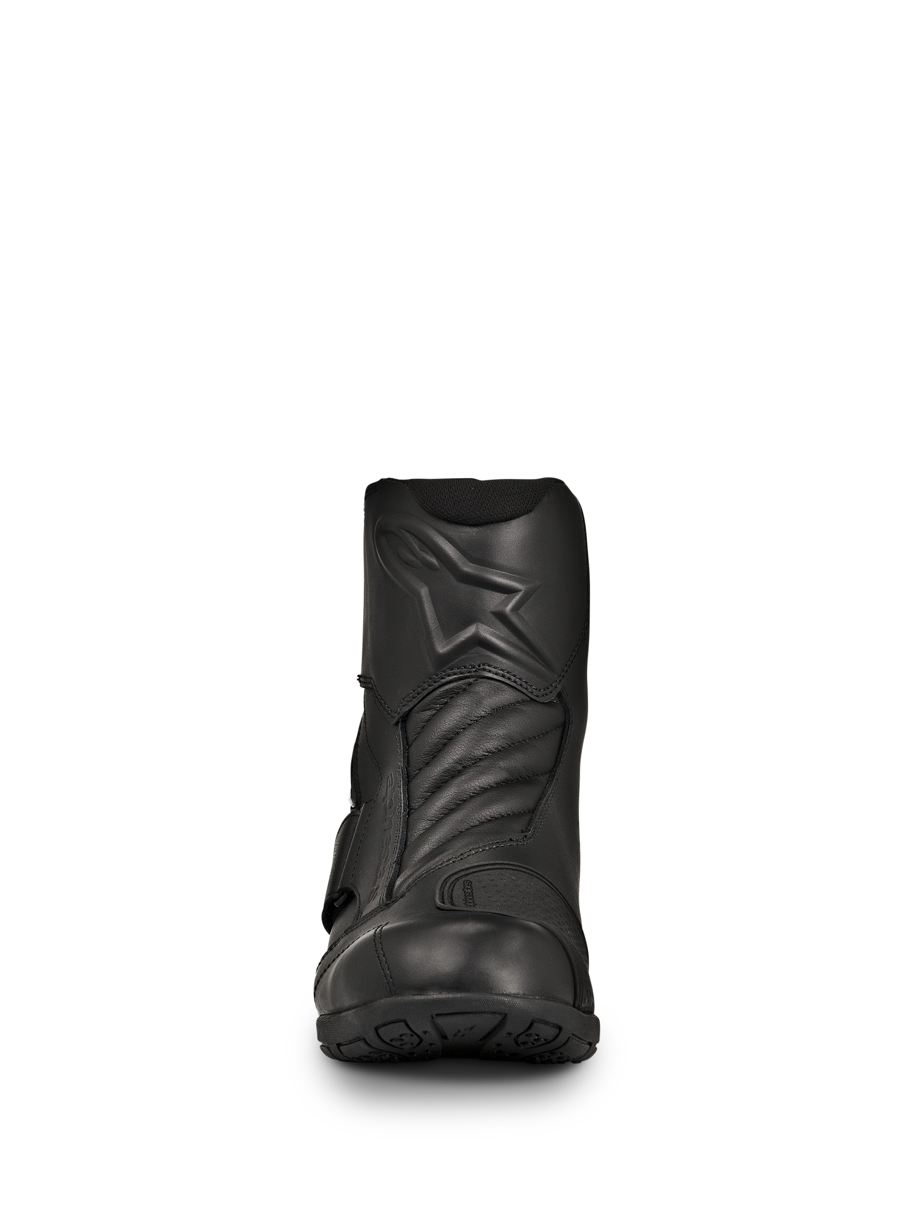 Bottes Alpinestars New Land GORE-TEX, bottes de moto route-touring noires, vue de face, construction en cuir pleine fleur avec logo étoile embossé, zones de flexion accordéon à l'avant, conception imperméable mi-longue pour les trajets longue distance