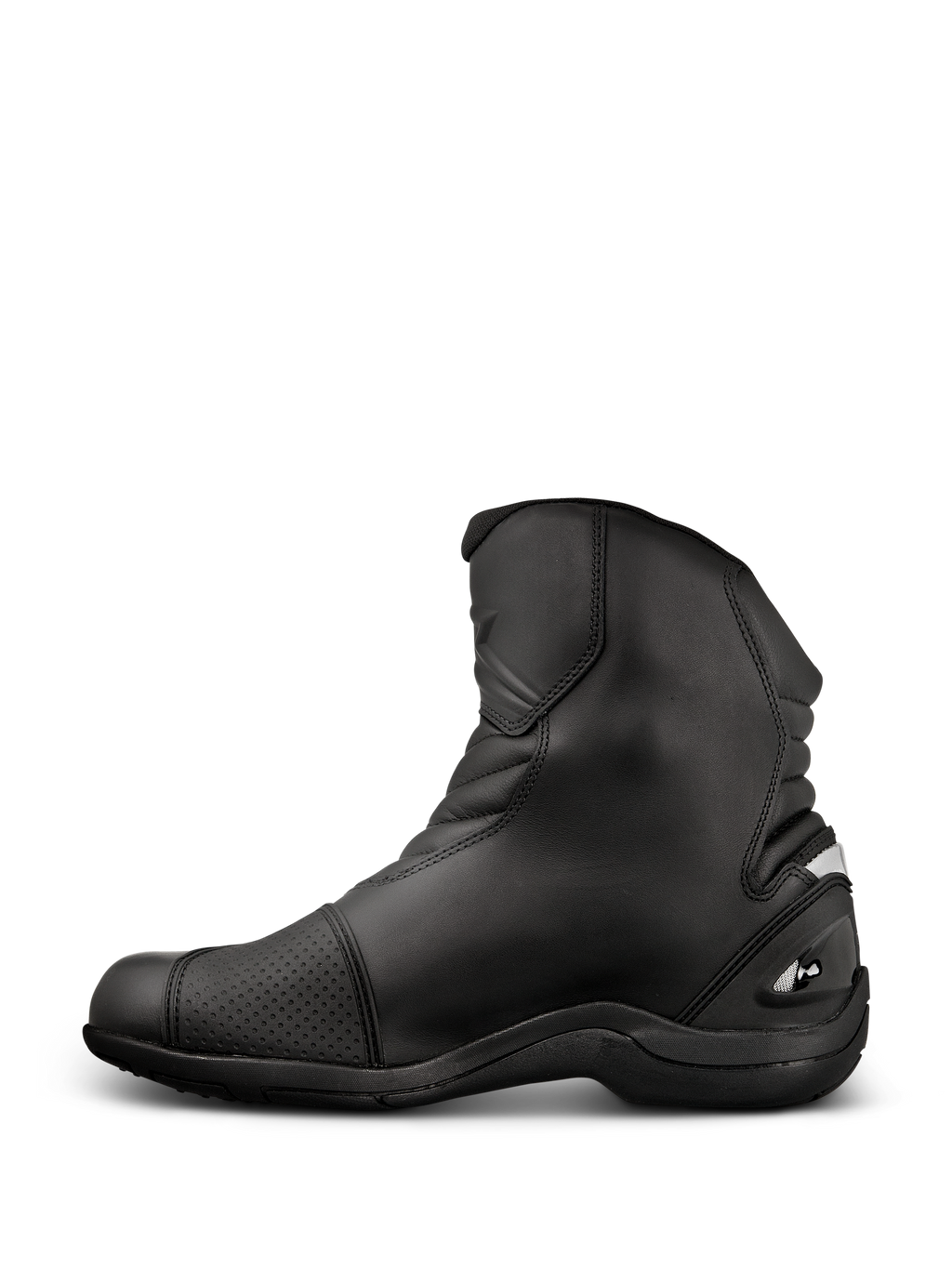 Bottes Alpinestars New Land GORE-TEX, bottes de moto de route-touring, noir, design mi-long en cuir pleine fleur avec zones de flexion en accordéon, patin de sélecteur renforcé et semelle en caoutchouc robuste.