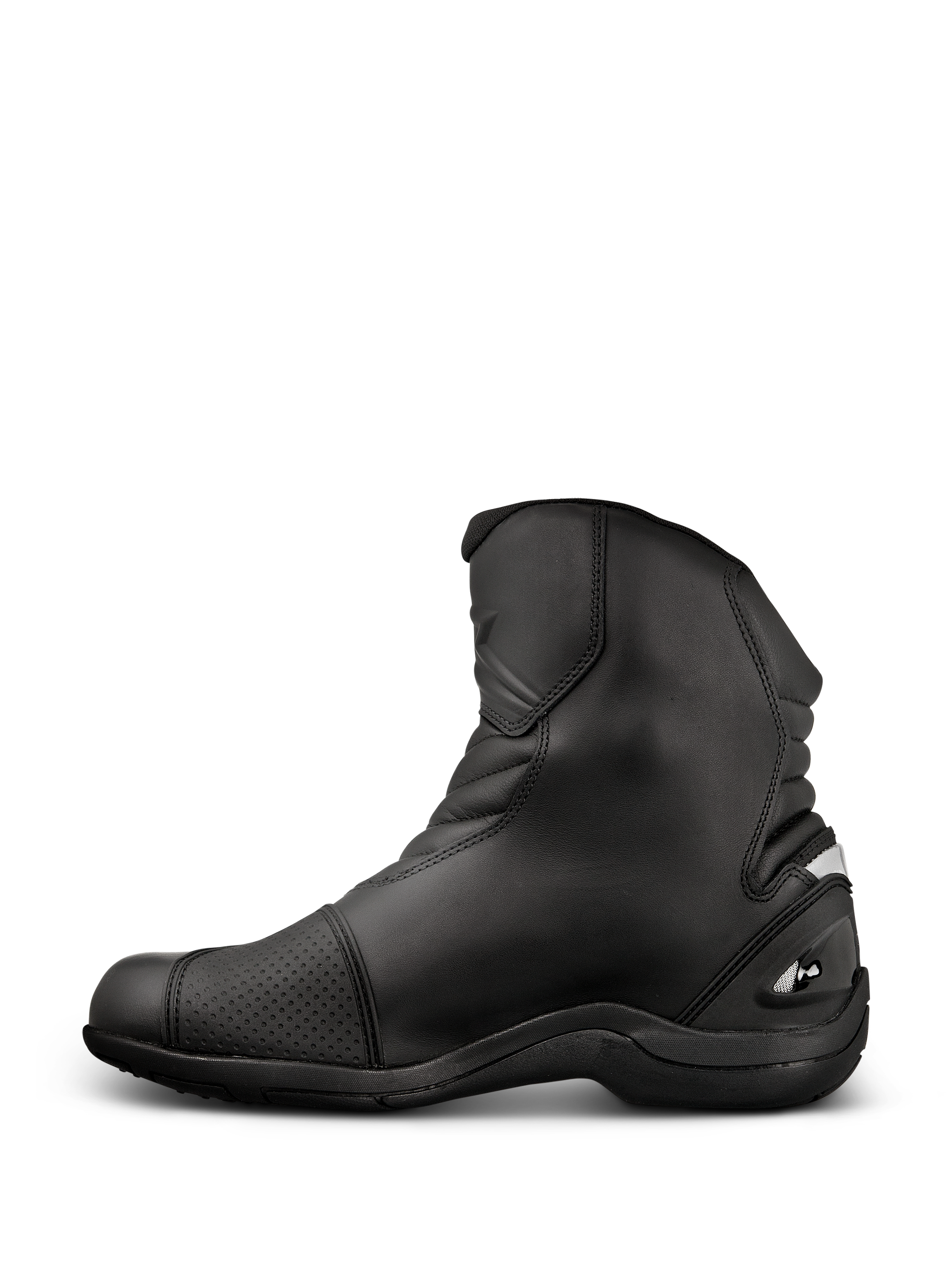 Bottes Alpinestars New Land GORE-TEX, bottes de moto de route-touring, noir, design mi-long en cuir pleine fleur avec zones de flexion en accordéon, patin de sélecteur renforcé et semelle en caoutchouc robuste.