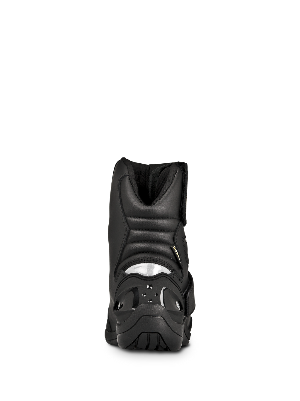 Bottes Alpinestars New Land GORE-TEX, bottes de moto road-touring, noir, vue arrière avec zones de flexion en accordéon rembourrées, insert réfléchissant au talon et semelle extérieure en caoutchouc durable.