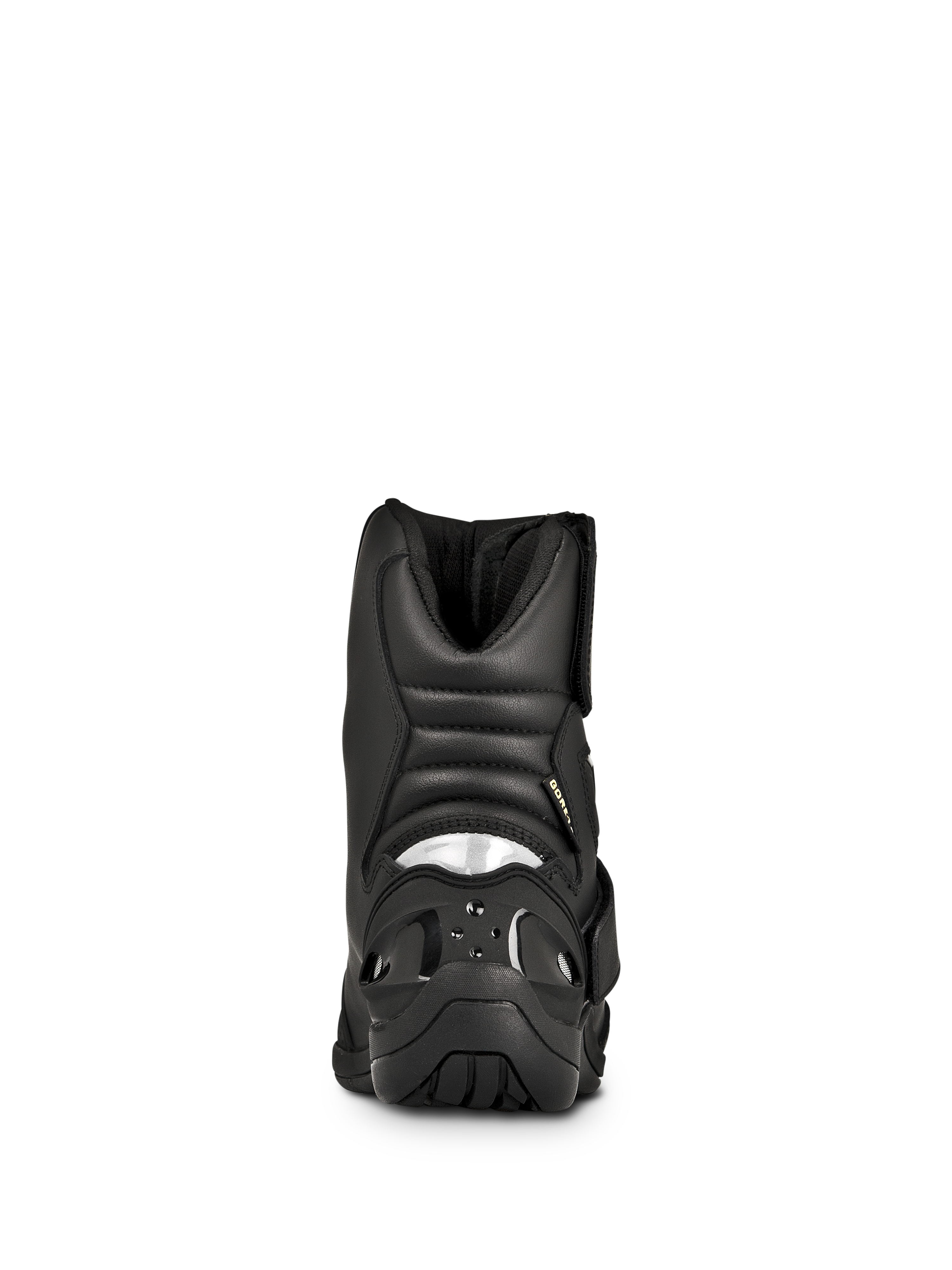 Bottes Alpinestars New Land GORE-TEX, bottes de moto road-touring, noir, vue arrière avec zones de flexion en accordéon rembourrées, insert réfléchissant au talon et semelle extérieure en caoutchouc durable.