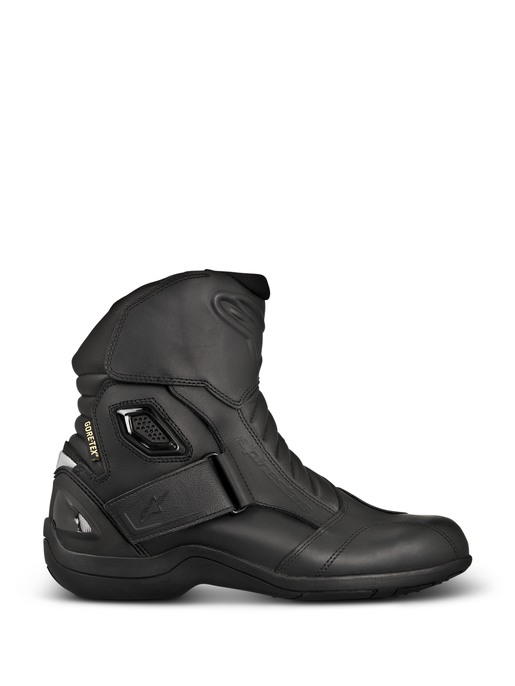 Bottes Alpinestars New Land GORE-TEX, bottes de moto touring noires, vue de profil en cuir pleine fleur, sangle Velcro à la cheville, marquage GORE-TEX et talon renforcé pour une protection imperméable