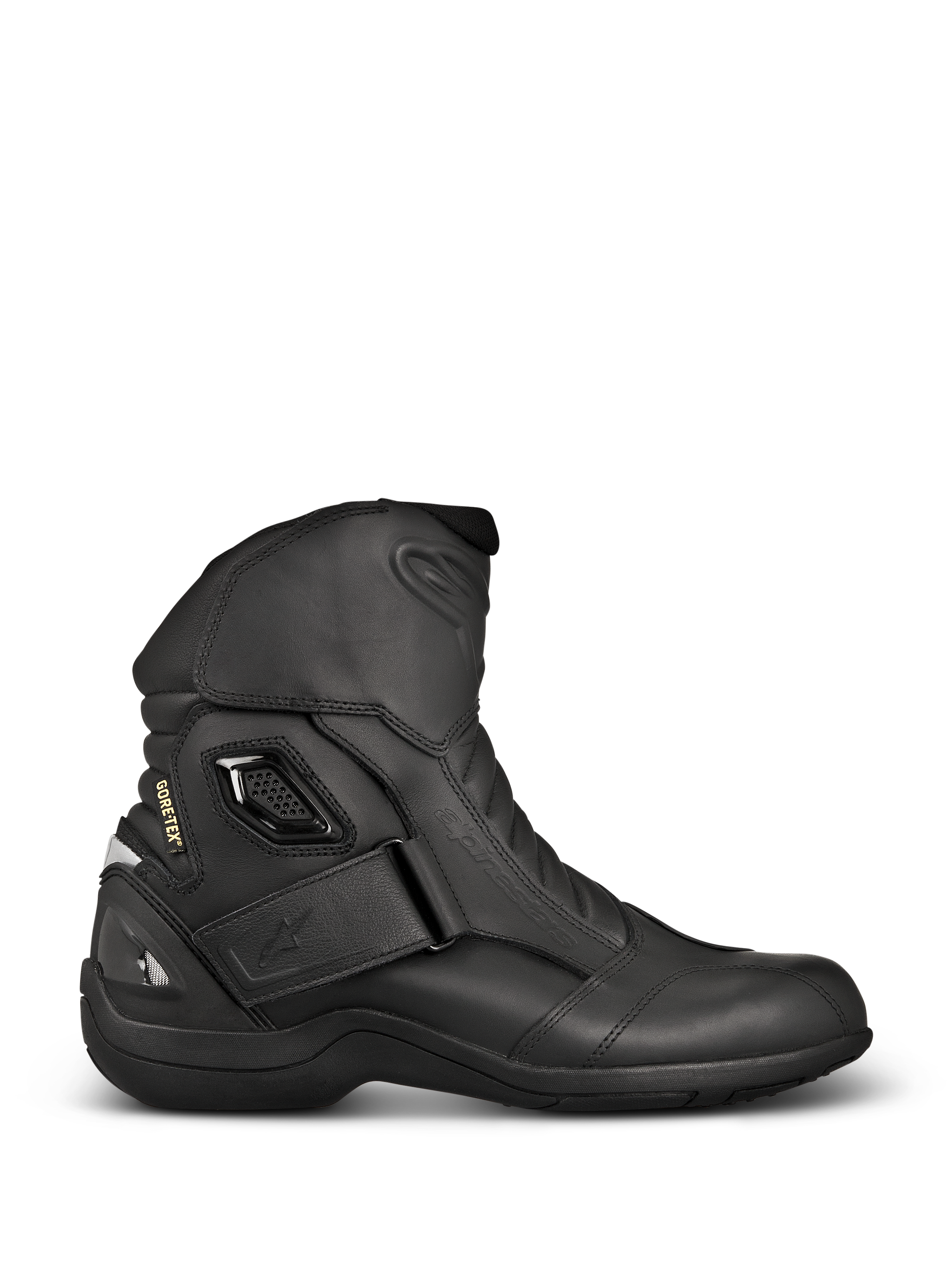 Bottes Alpinestars New Land GORE-TEX, bottes de moto touring noires, vue de profil en cuir pleine fleur, sangle Velcro à la cheville, marquage GORE-TEX et talon renforcé pour une protection imperméable