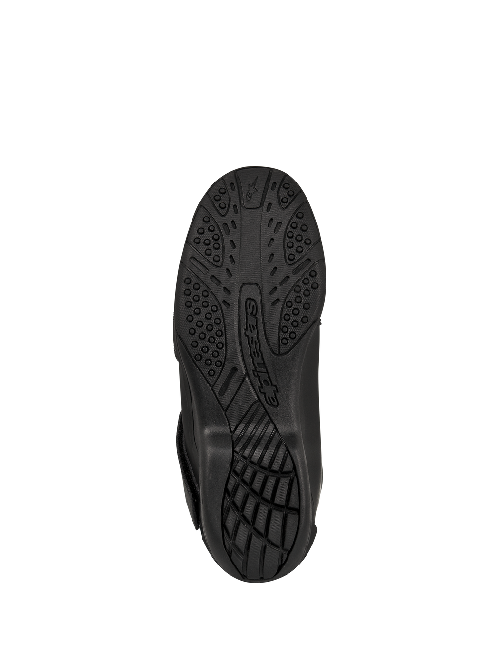 Bottes Alpinestars New Land GORE-TEX, noires, vue de dessous de la semelle extérieure en composé de caoutchouc vulcanisé, motif de crampons texturé pour l'adhérence et la traction, avec logo Alpinestars embossé, chaussures de moto de route-touring