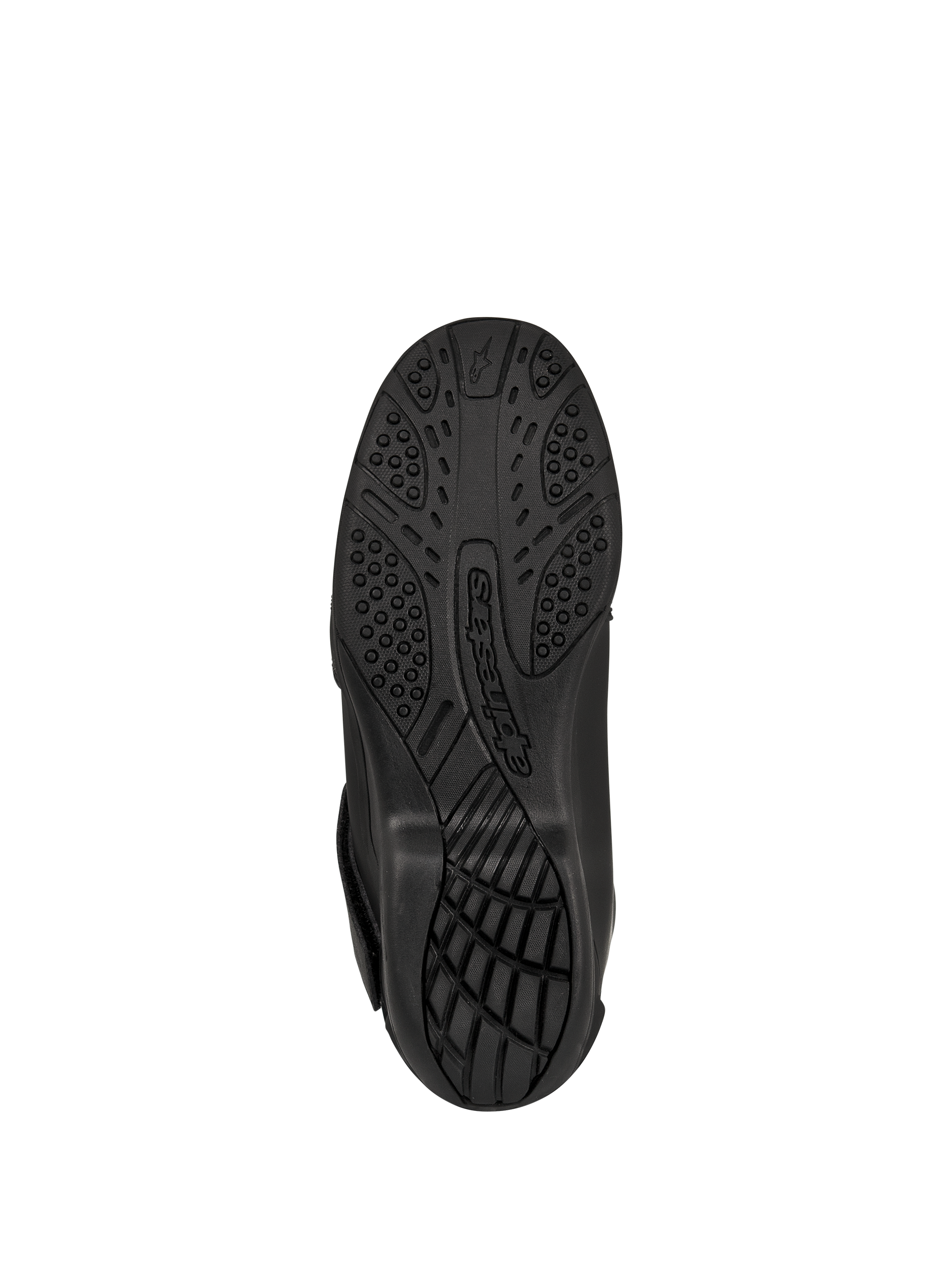 Bottes Alpinestars New Land GORE-TEX, noires, vue de dessous de la semelle extérieure en composé de caoutchouc vulcanisé, motif de crampons texturé pour l'adhérence et la traction, avec logo Alpinestars embossé, chaussures de moto de route-touring