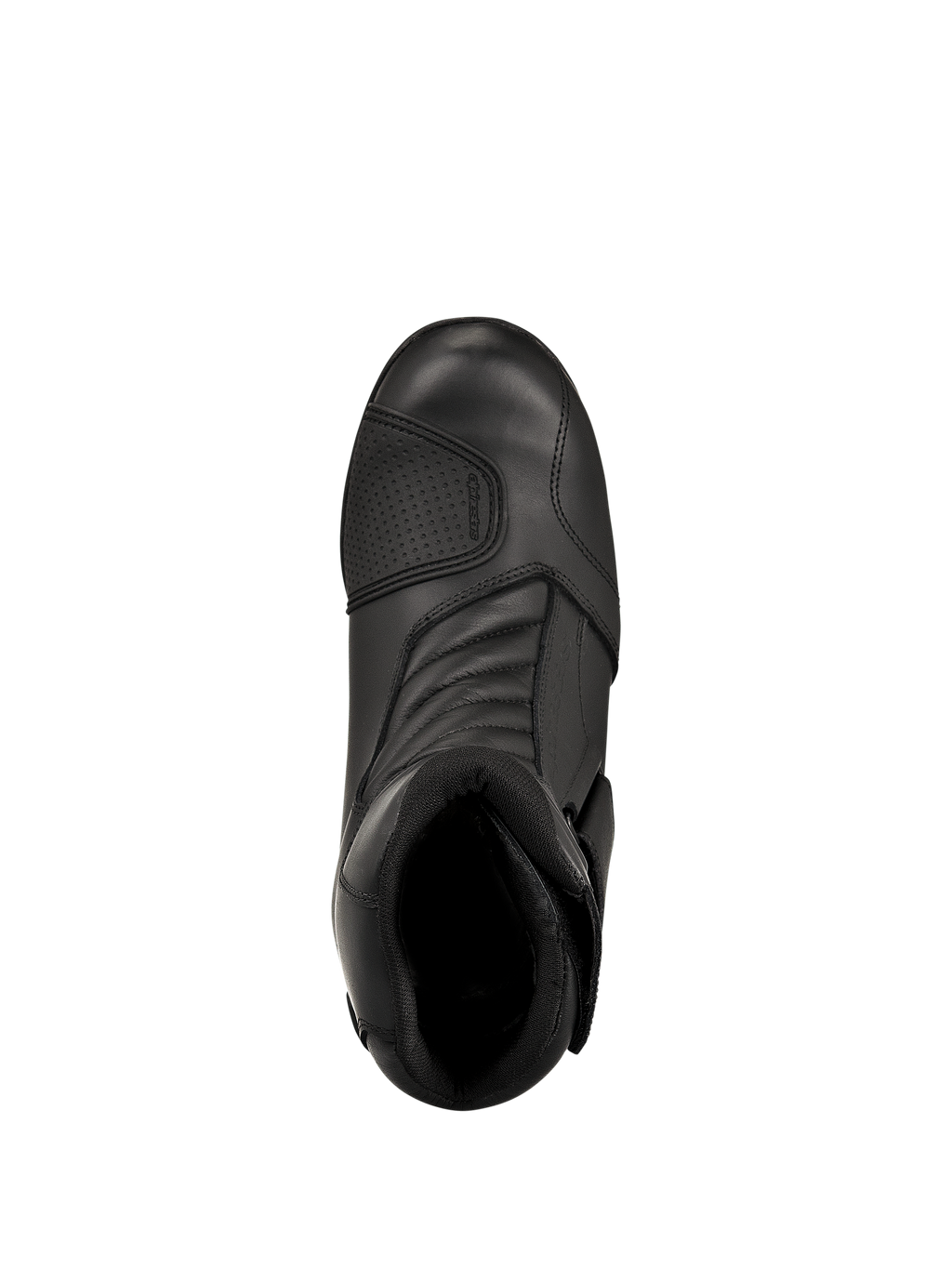 Bottes Alpinestars New Land GORE-TEX, noir, vue de dessus, avec une construction en cuir pleine fleur, des zones de flexion accordéon à l'avant et un patin de sélecteur renforcé, bottes de moto touring imperméables mi-hautes