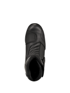 Bottes Alpinestars New Land GORE-TEX, noir, vue de dessus, avec une construction en cuir pleine fleur, des zones de flexion accordéon à l'avant et un patin de sélecteur renforcé, bottes de moto touring imperméables mi-hautes