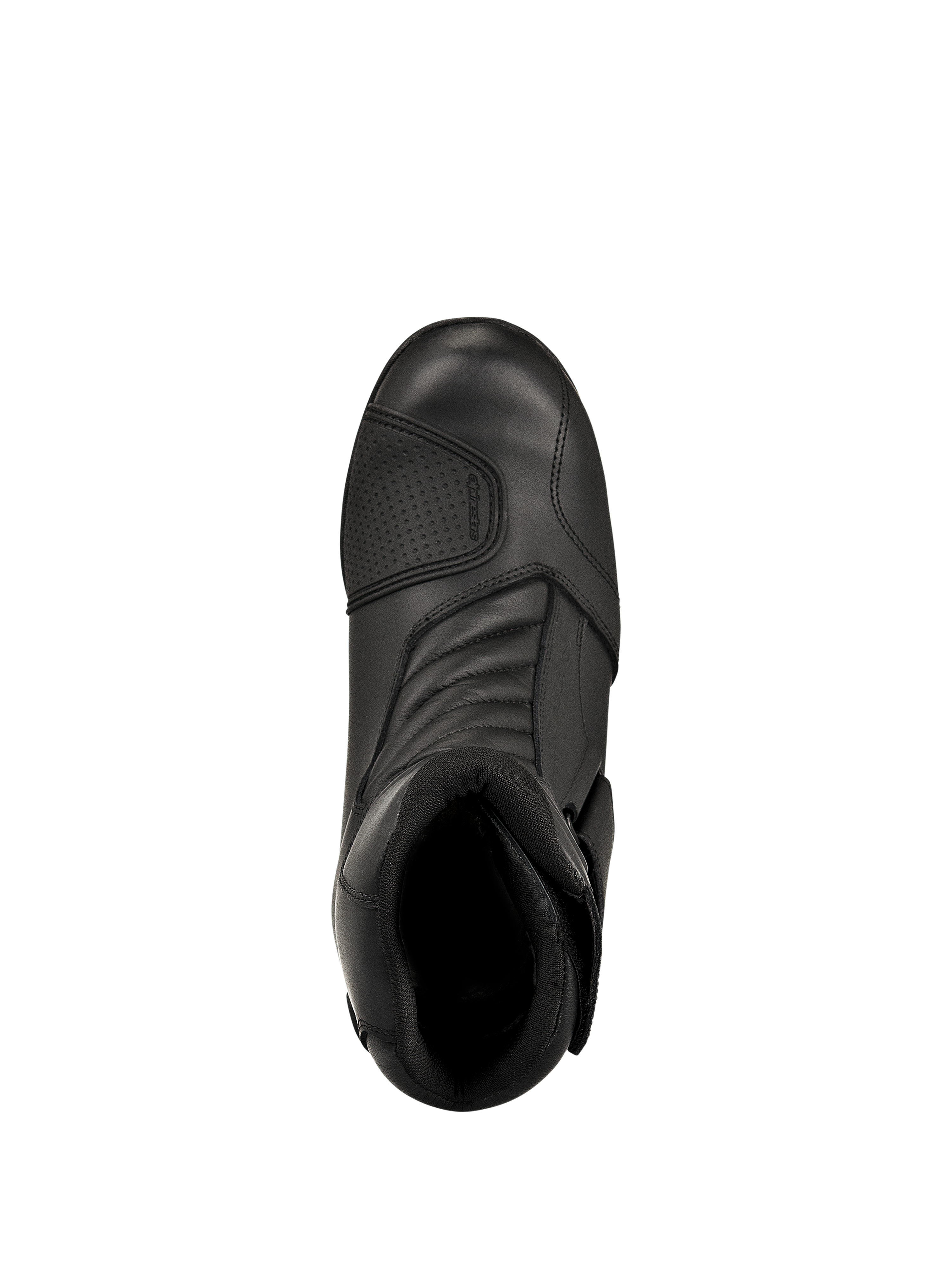 Bottes Alpinestars New Land GORE-TEX, noir, vue de dessus, avec une construction en cuir pleine fleur, des zones de flexion accordéon à l'avant et un patin de sélecteur renforcé, bottes de moto touring imperméables mi-hautes