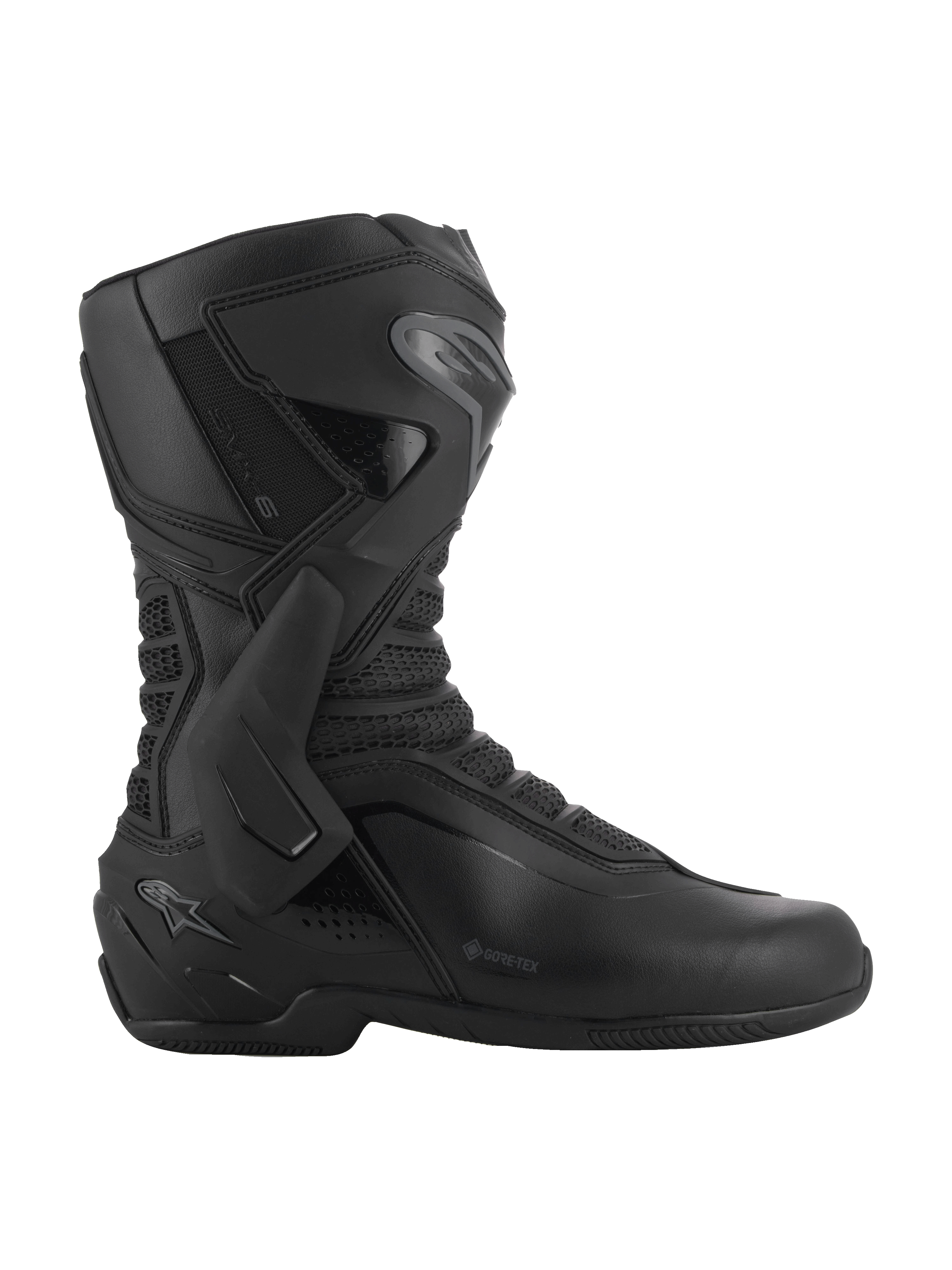 Bottes Alpinestars SMX-6 V3 GORE-TEX, noir et gris foncé, bottes de moto de performance imperméables, avec protection de cheville latérale en TPU et plaque de tibia, construction ergonomique en microfibre avec panneaux en mesh 3D, logo GORE-TEX sur le côté, chaussures spécialisées pour la performance sur piste et sur route