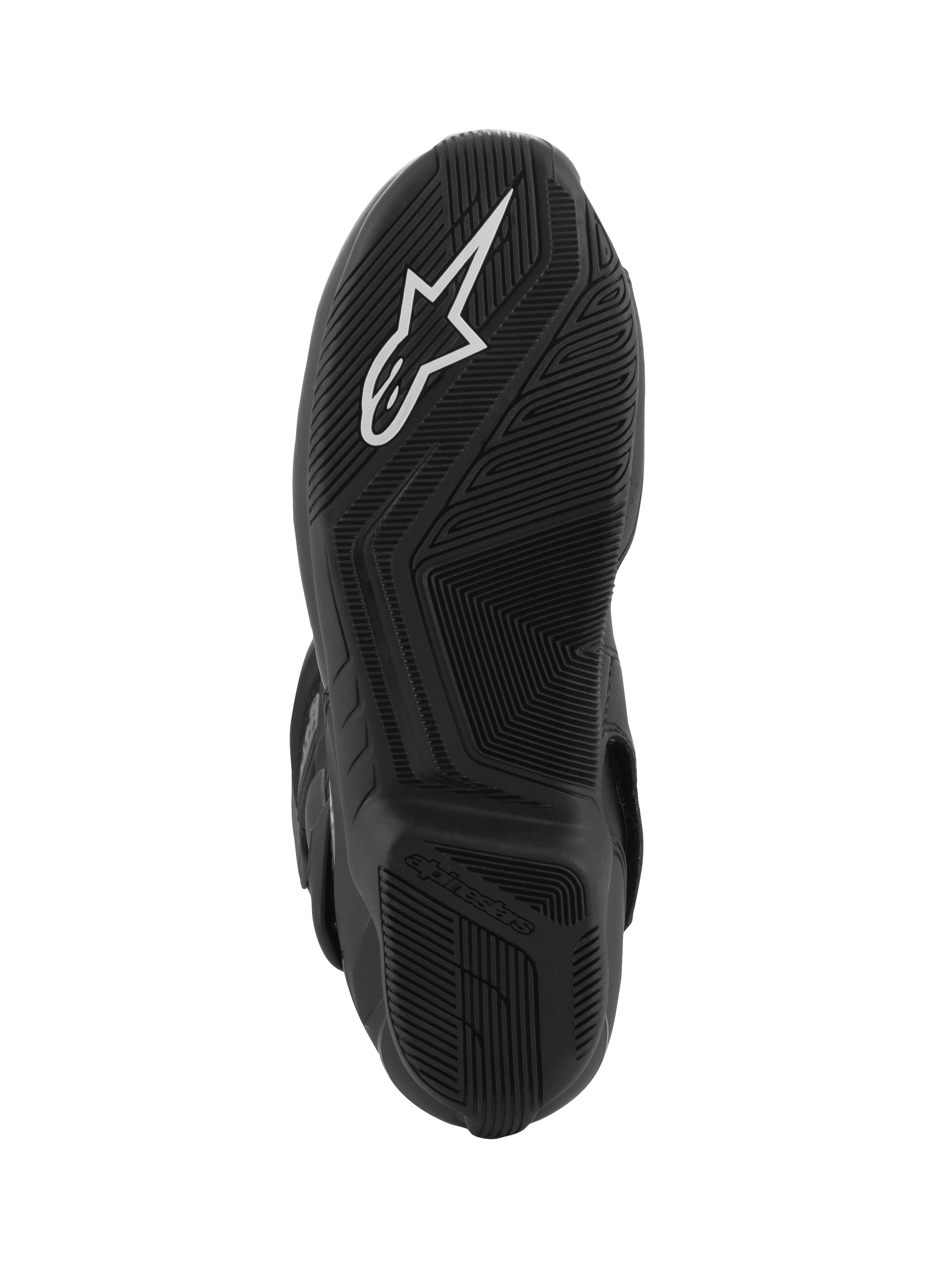 Alpinestars SMX-6 V3 GORE-TEX Boots, Motorcycle Boots, Black, bottom sole view featuring a textured rubber tread pattern, white Alpinestars logo on the forefoot, and embossed branding on the heel