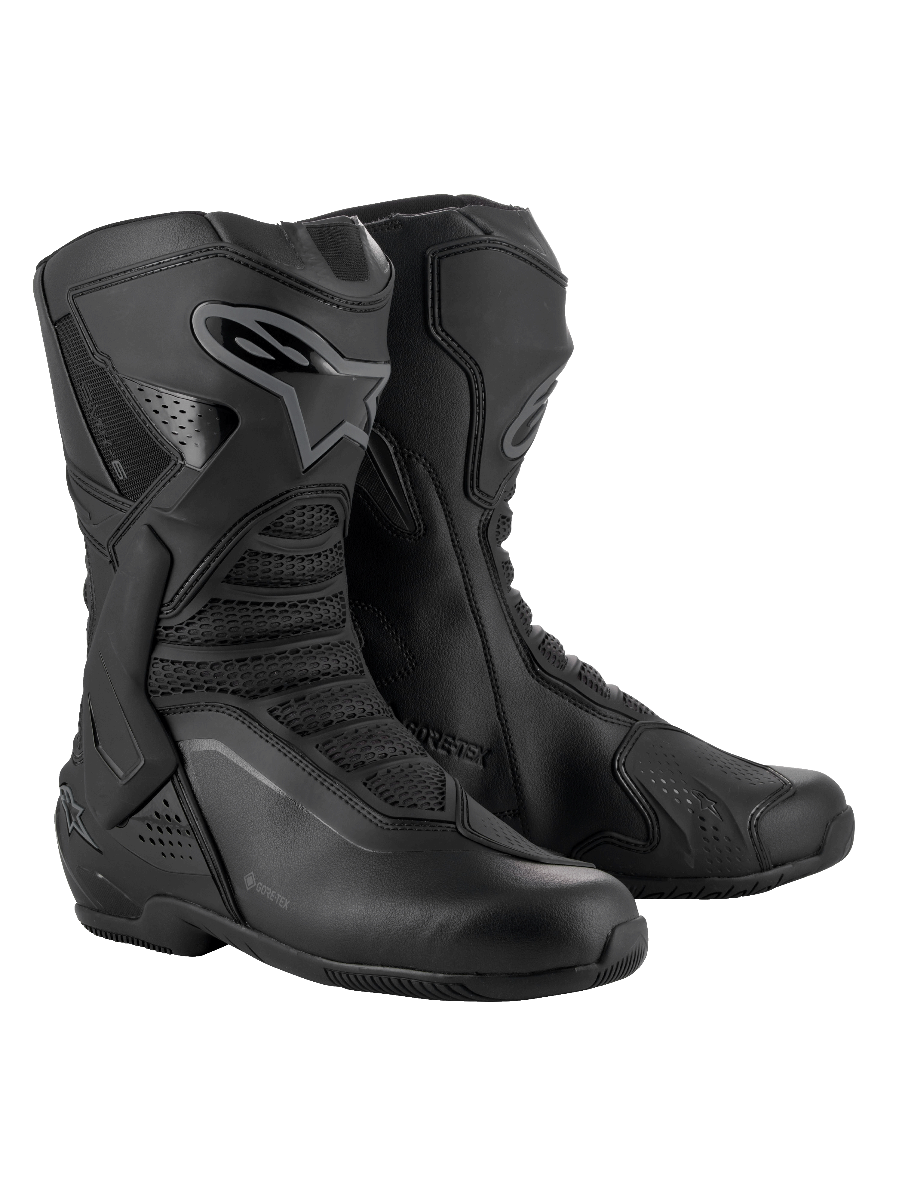 Alpinestars SMX-6 V3 GORE-TEX Boots, Black and Dark Gray, high-performance motorcycle boots featuring a waterproof GORE-TEX membrane, TPU shin plates with Astar logo, and flexible mesh panels for improved ergonomics.