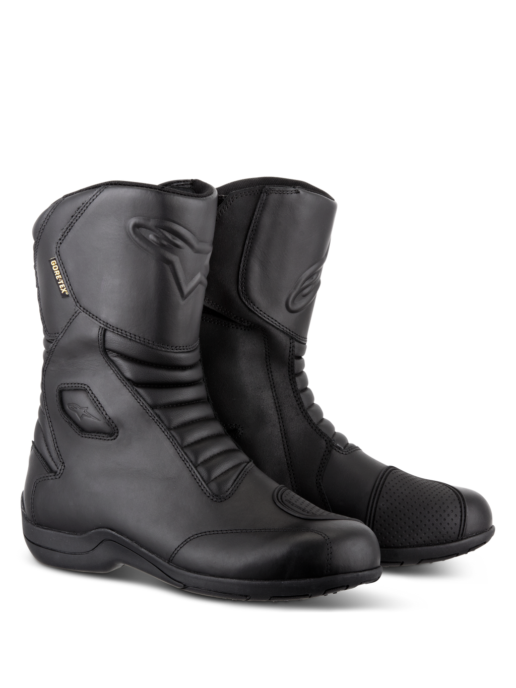 Bottes Alpinestars Web GORE-TEX, bottes de moto touring imperméables noires, construction en cuir avec zones de flexion en accordéon à l'avant et à l'arrière, protège-sélecteur renforcé et conception à entrée latérale pour la conduite sur route