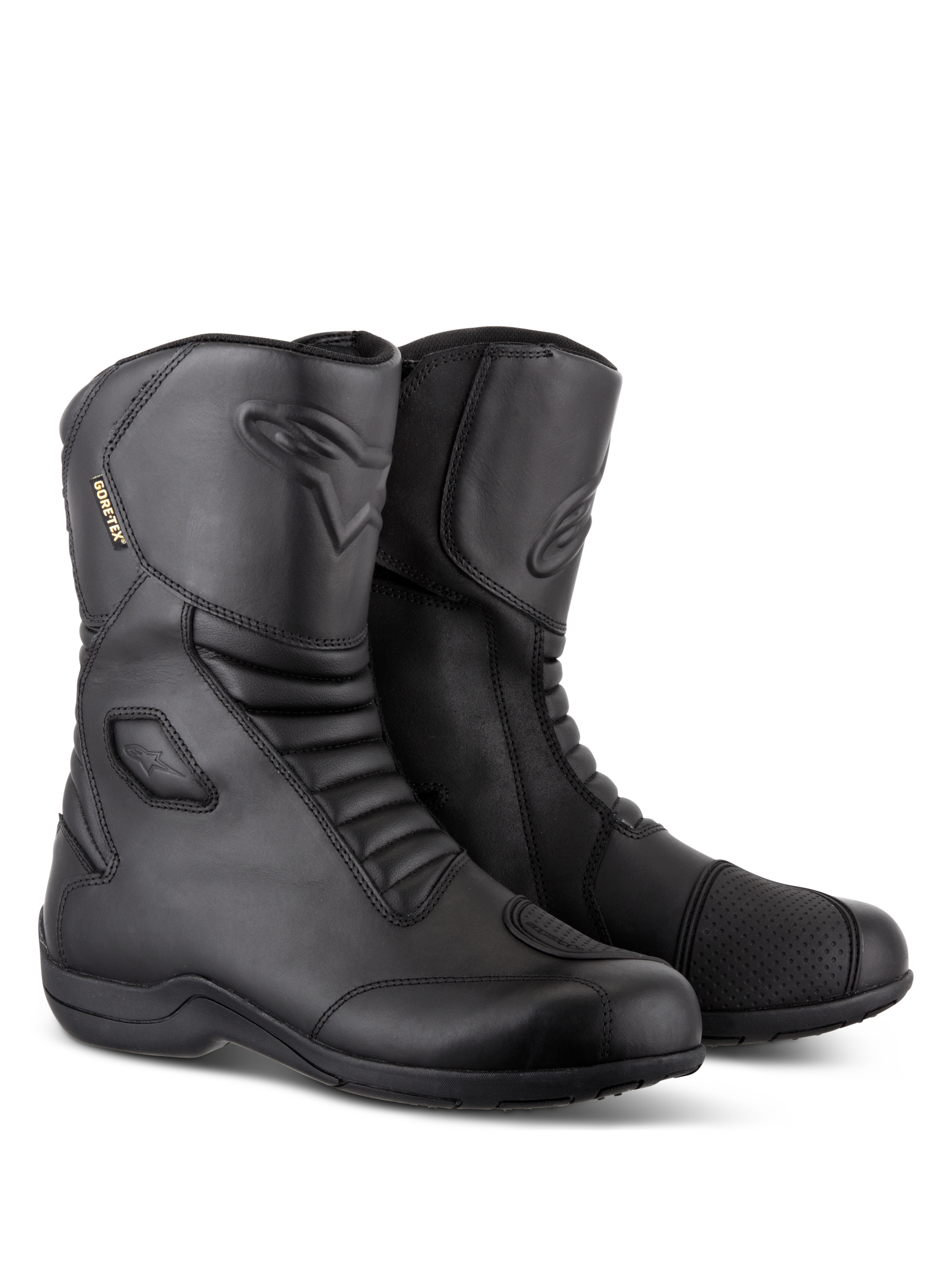 Bottes Alpinestars Web GORE-TEX, bottes de moto touring imperméables noires, construction en cuir avec zones de flexion en accordéon à l'avant et à l'arrière, protège-sélecteur renforcé et conception à entrée latérale pour la conduite sur route