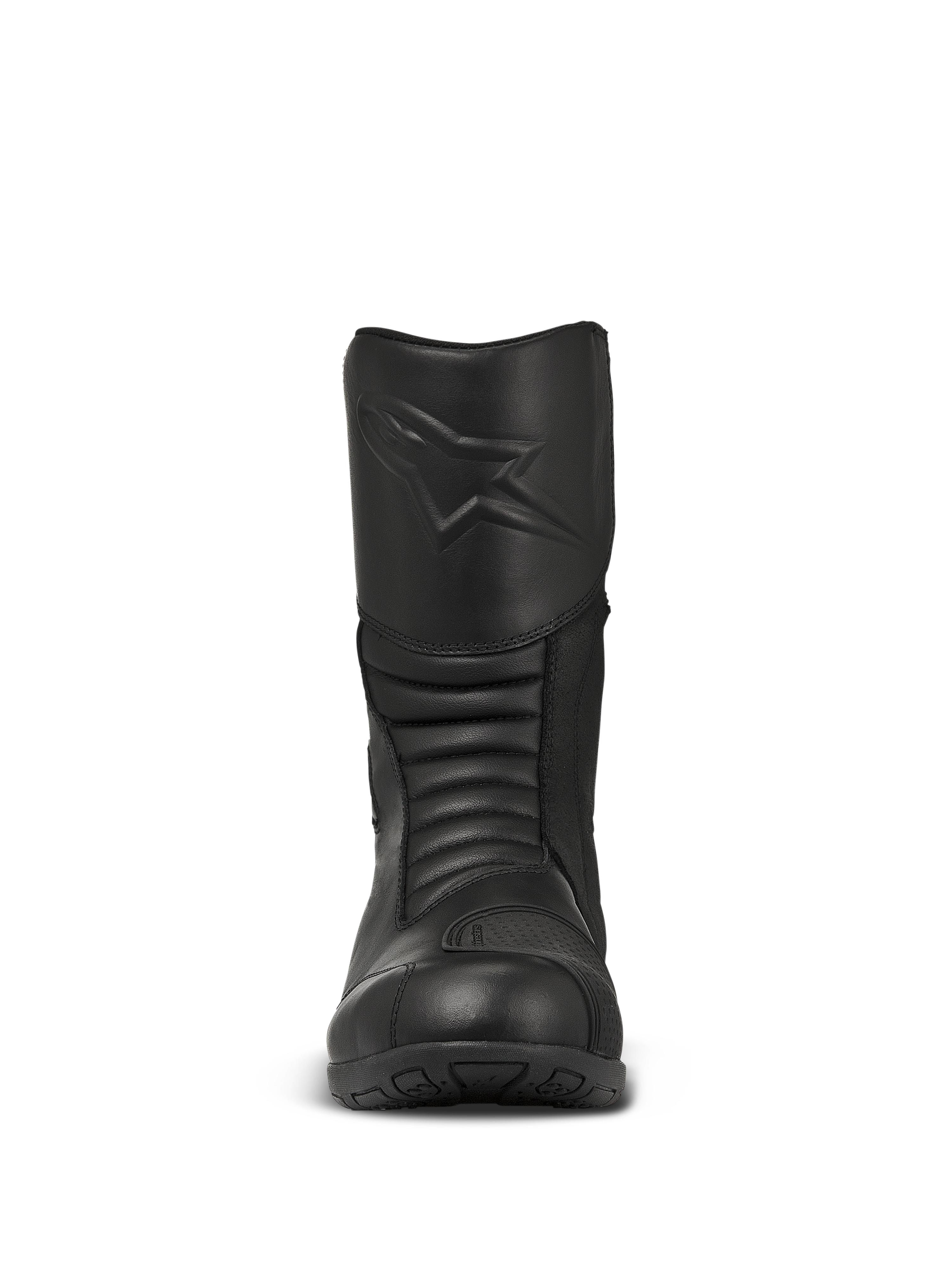 Bottes Alpinestars Web GORE-TEX, bottes de moto touring noires, vue de face avec logo étoile embossé sur le tibia, zones de flexion en accordéon pour la maniabilité et construction en cuir durable.