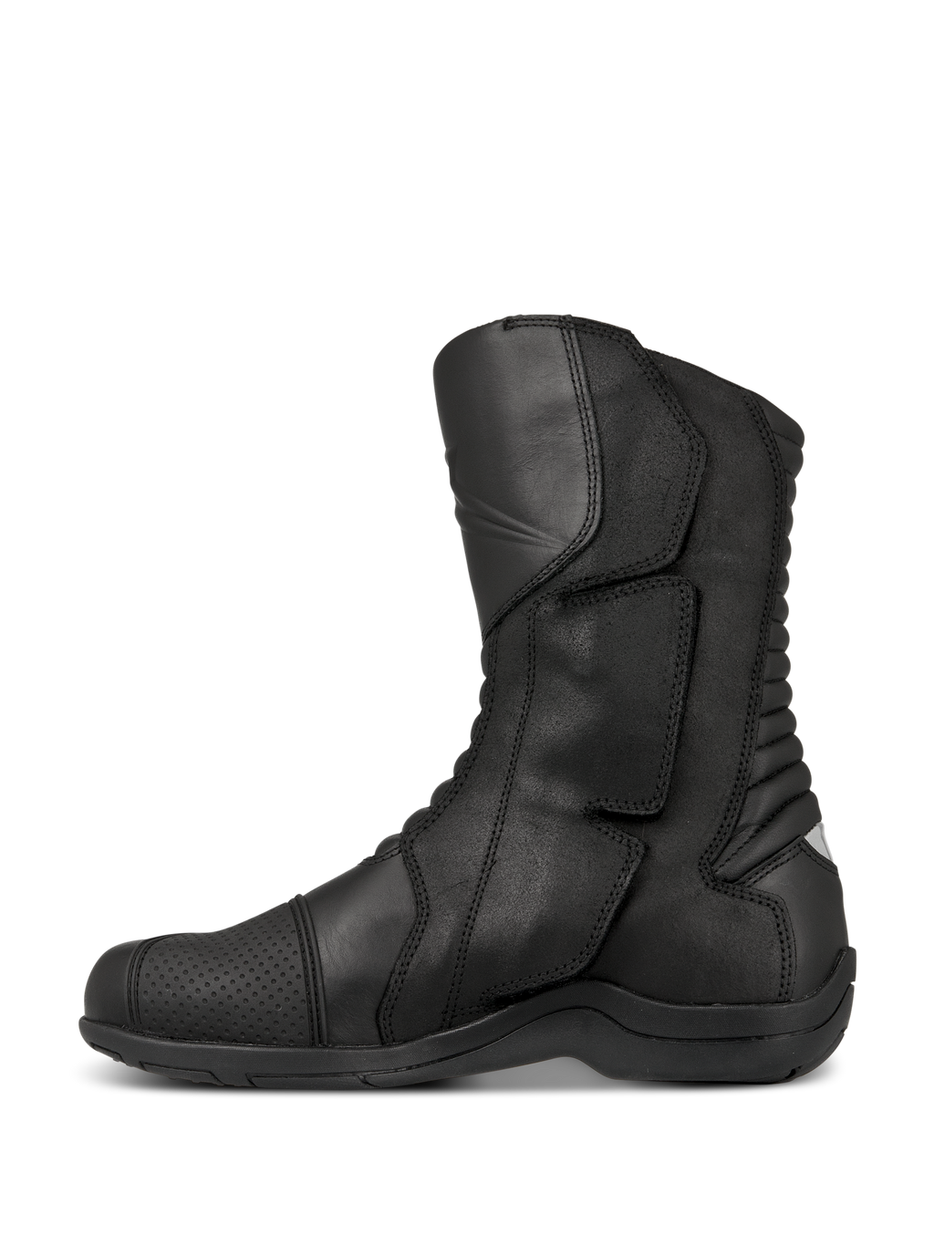 Bottes Alpinestars Web GORE-TEX, bottes de moto touring, noir, vue de profil montrant la construction en cuir, système d'entrée latérale avec large rabat de fermeture, et zones de flexion en accordéon à l'arrière pour la maniabilité